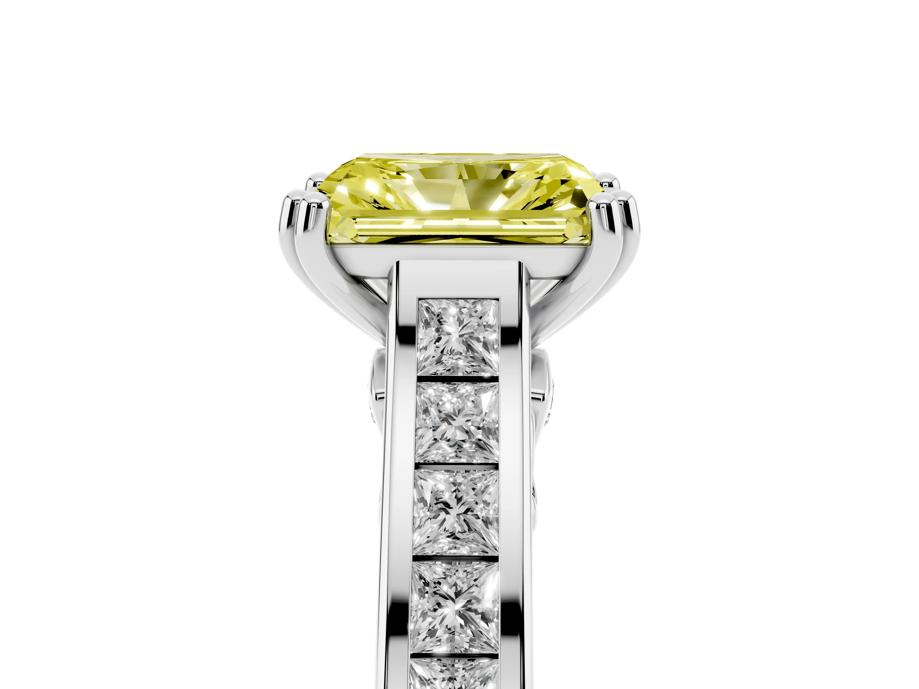 Fancy Yellow Radiant Cut Diamond Channel Set Solitaire Engagement Ring Set in Silver with Prong Setting