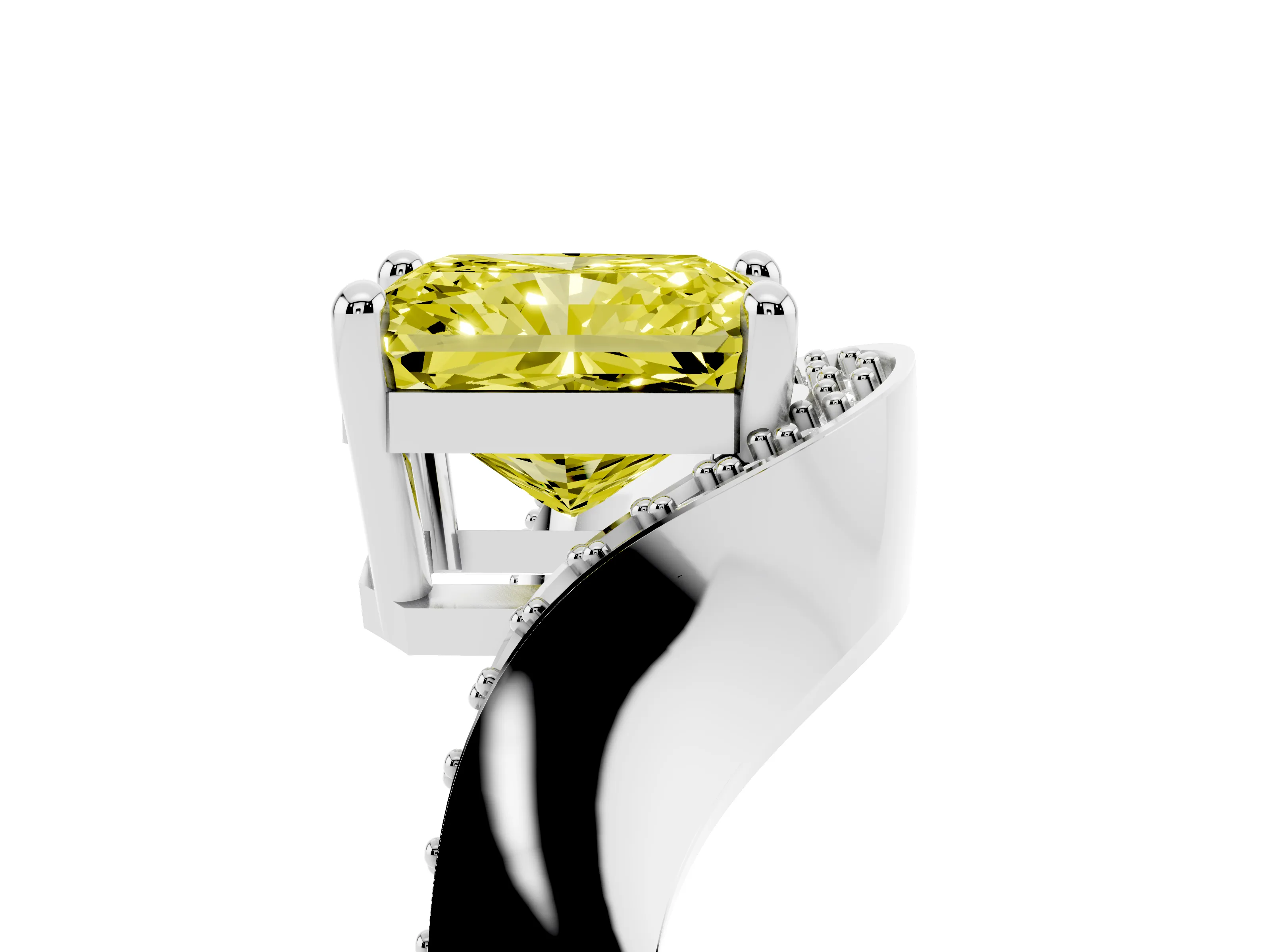 Fancy Yellow Radiant Cut Diamond Solitaire Engagement Ring Set in Platinum with Pavé Shoulders