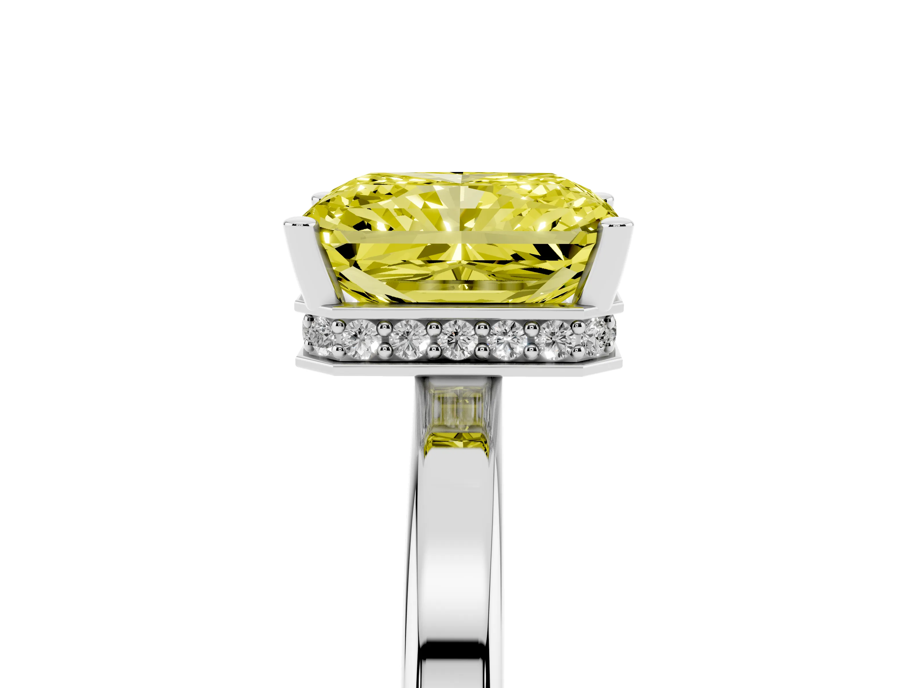 Fancy Yellow Radiant Cut Diamond Solitaire Engagement Ring Set in Silver with Prong Setting on a Plain Band