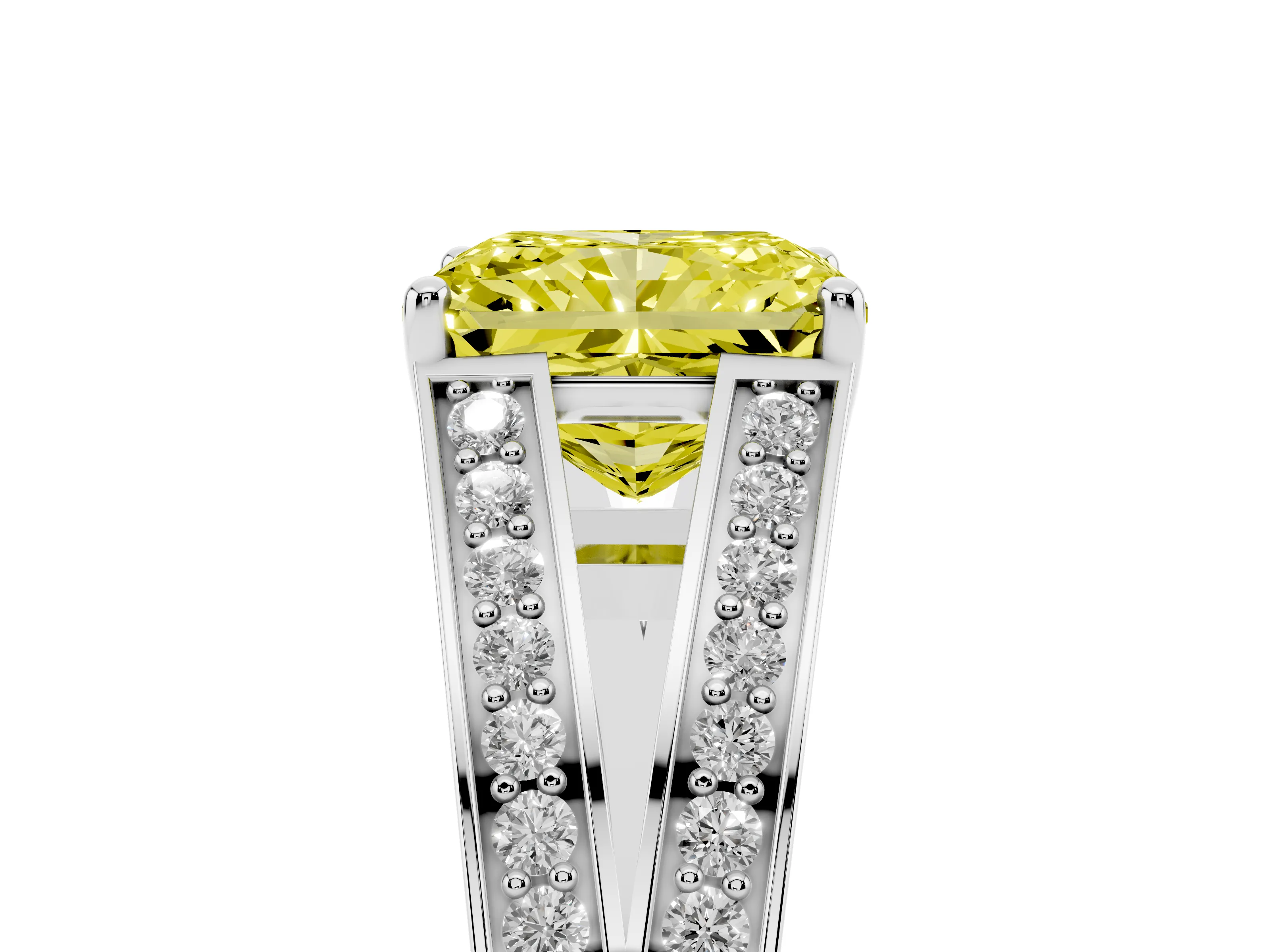 Fancy Yellow Radiant Cut Diamond Split Shank Ring Set in Platinum with Pavé Band and Prong Setting