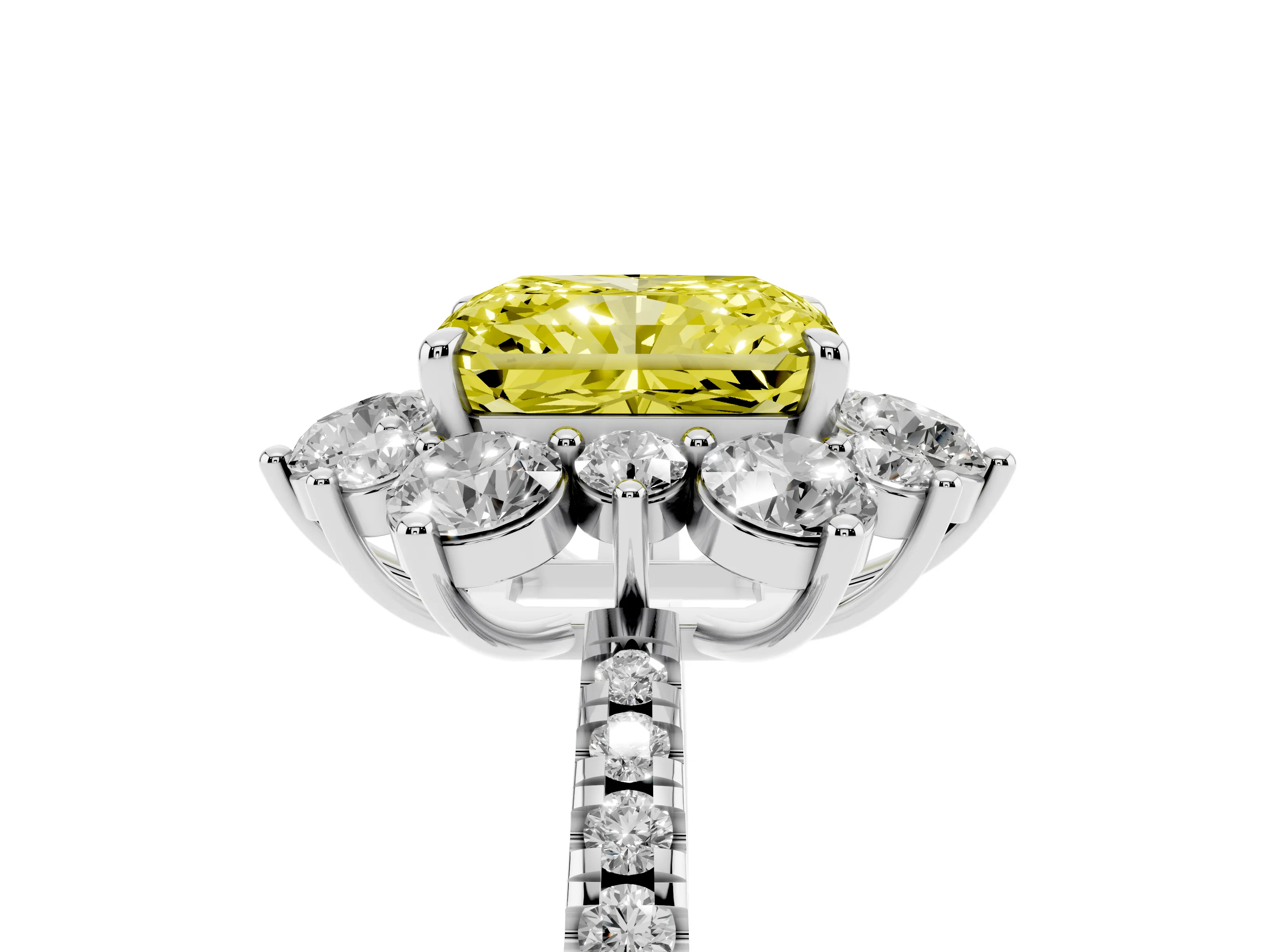 Fancy Yellow Radiant Cut Diamond Floral Halo Ring Set in White gold with Round Pavé Band and Prong Setting