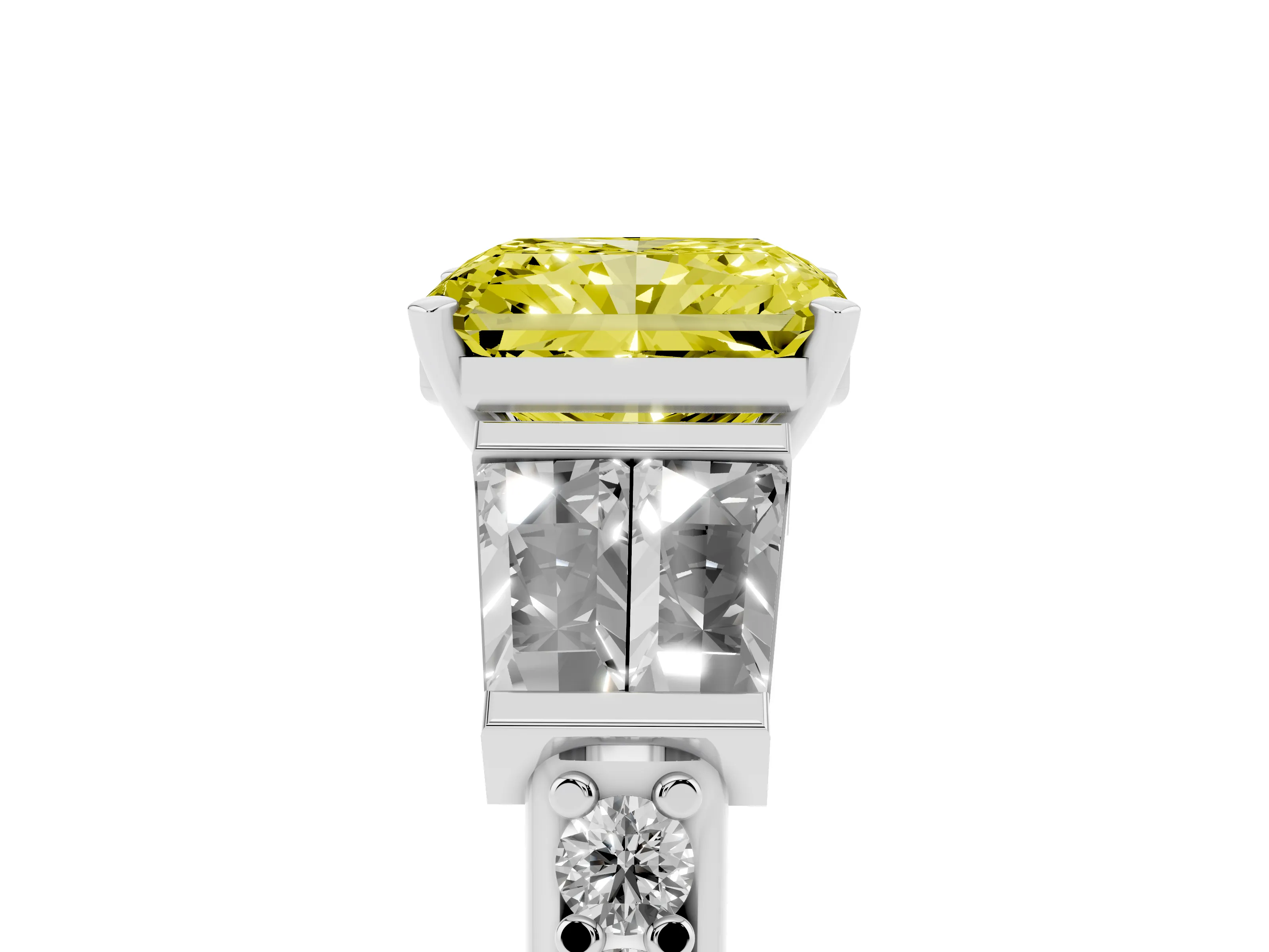 Fancy Yellow Radiant Cut Diamond Engagement Ring Set in Silver with Baguette Side Stones and Channel Set Band