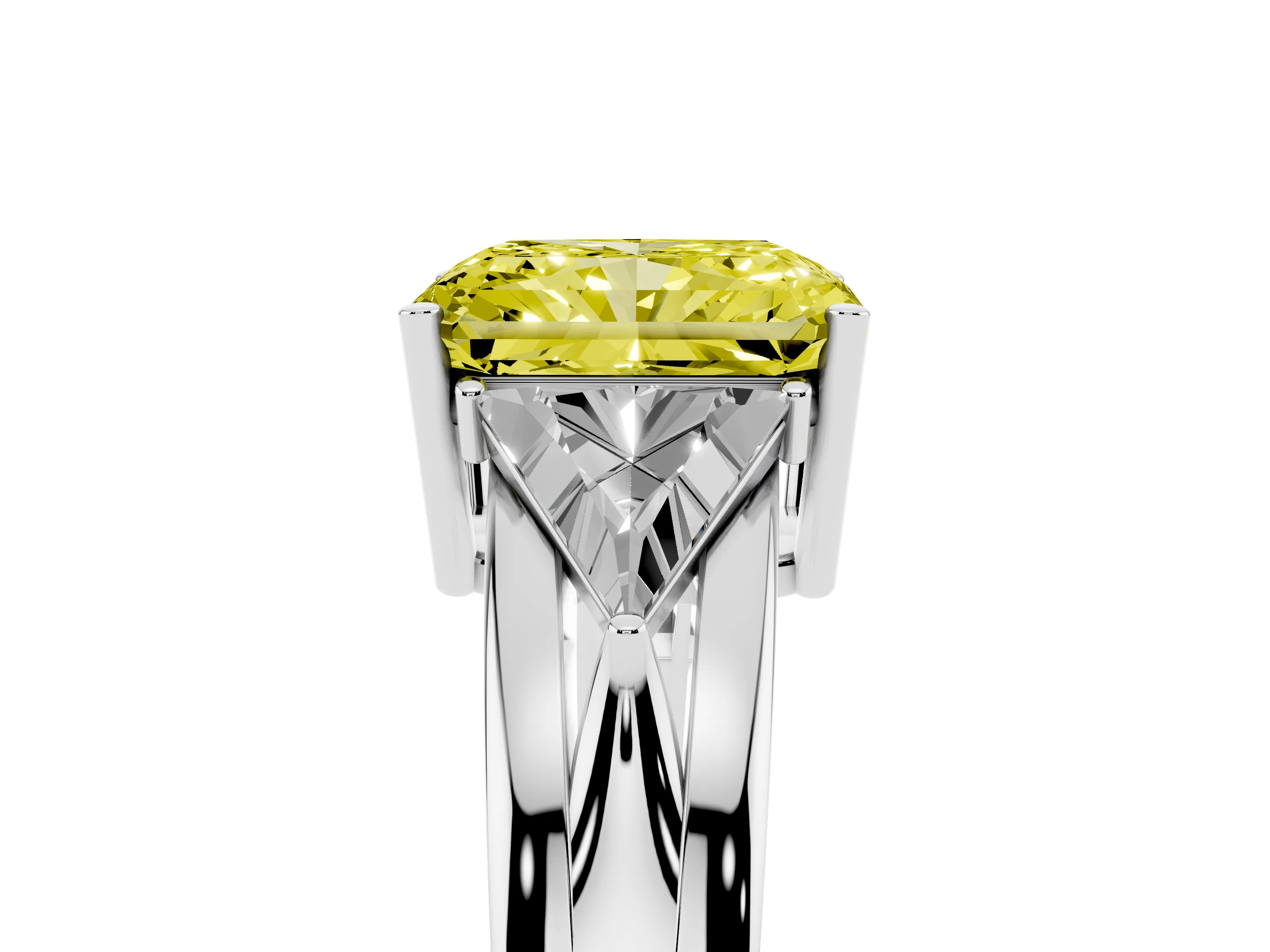 Fancy Yellow Radiant Cut Diamond Three-Stone Ring Set in White gold with Trillion Side Stones and Split Shank