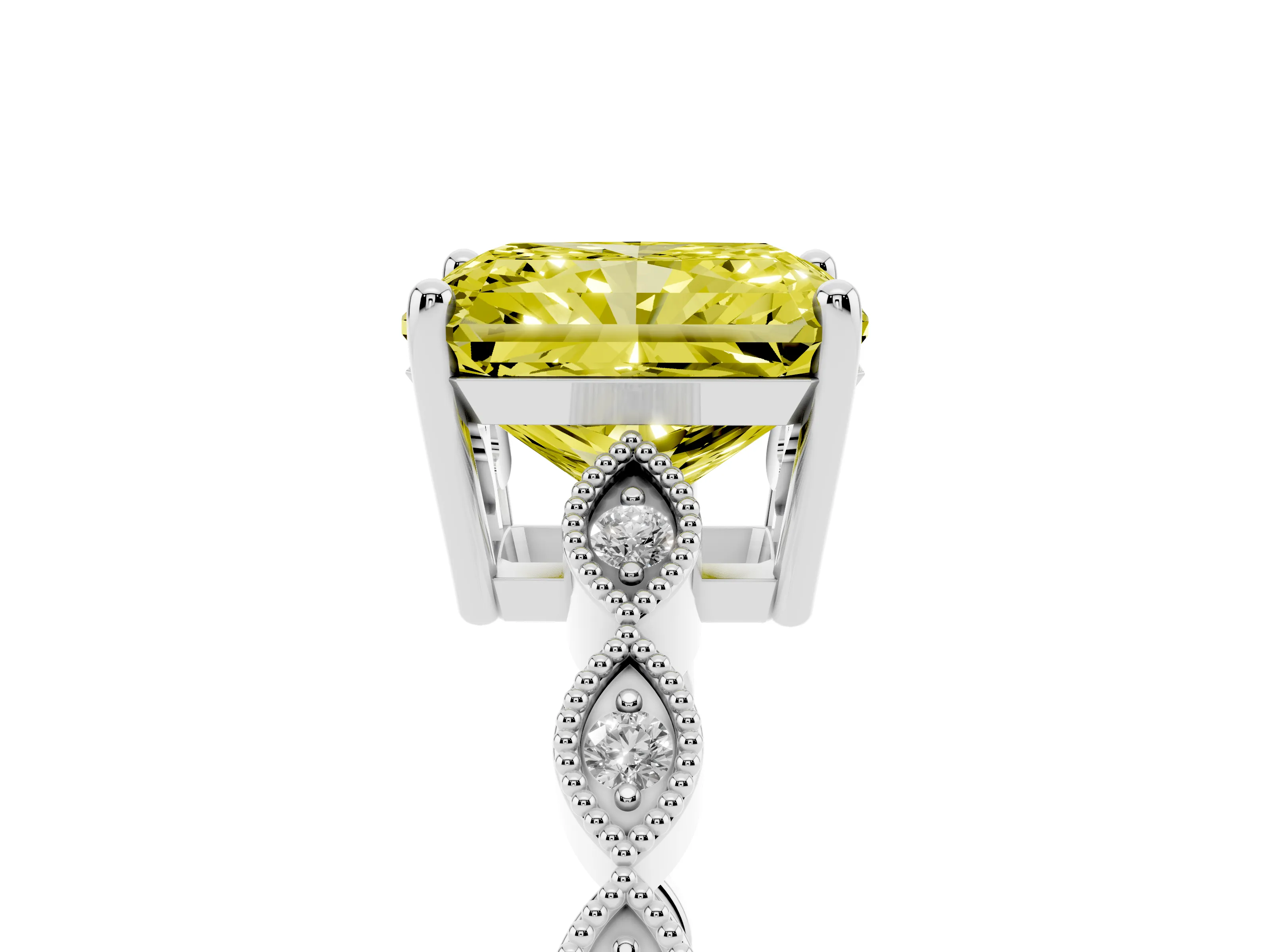 Fancy Yellow Radiant Cut Diamond Solitaire Ring Set in Platinum with Infinity Twist Pavé Band
