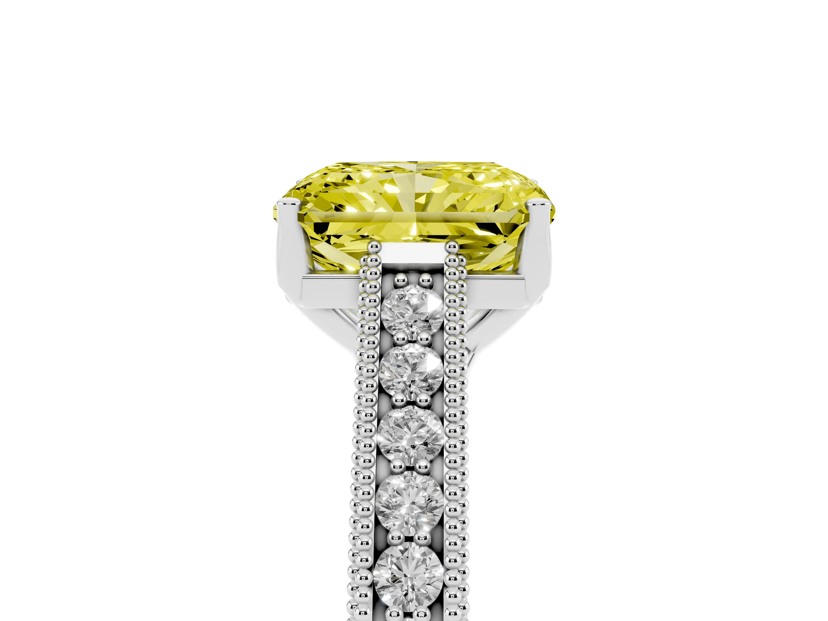 Fancy Yellow Radiant Cut Diamond Milgrain Pavé Band Solitaire Ring Set in Platinum with Prong Setting