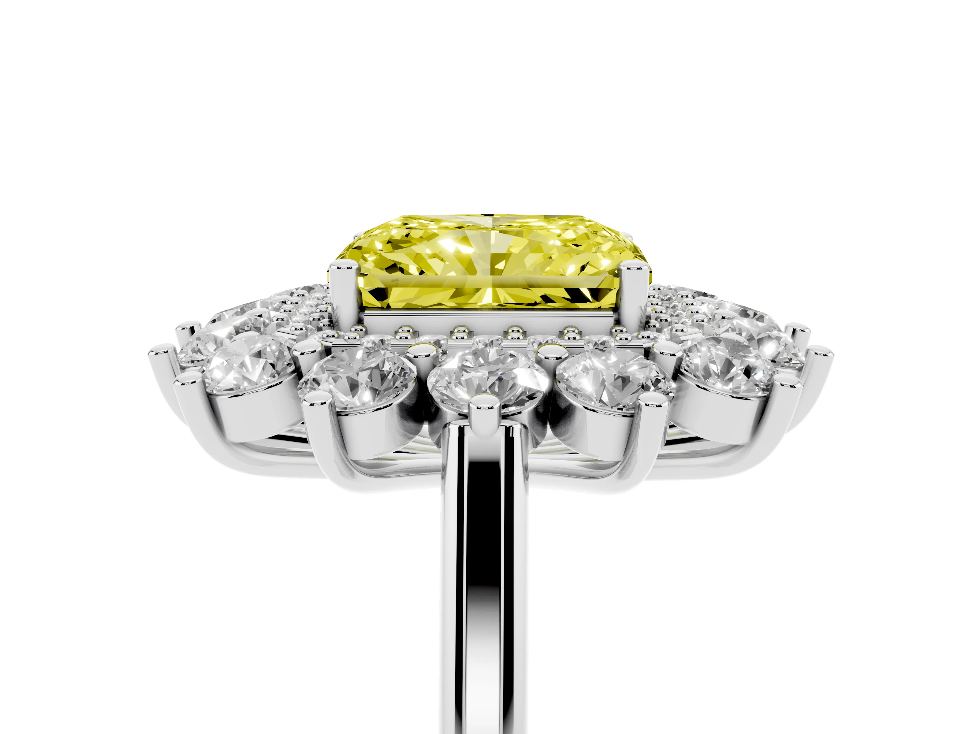 Fancy Yellow Radiant Cut Diamond Floral Double Halo Ring Set in White gold with Round Petals