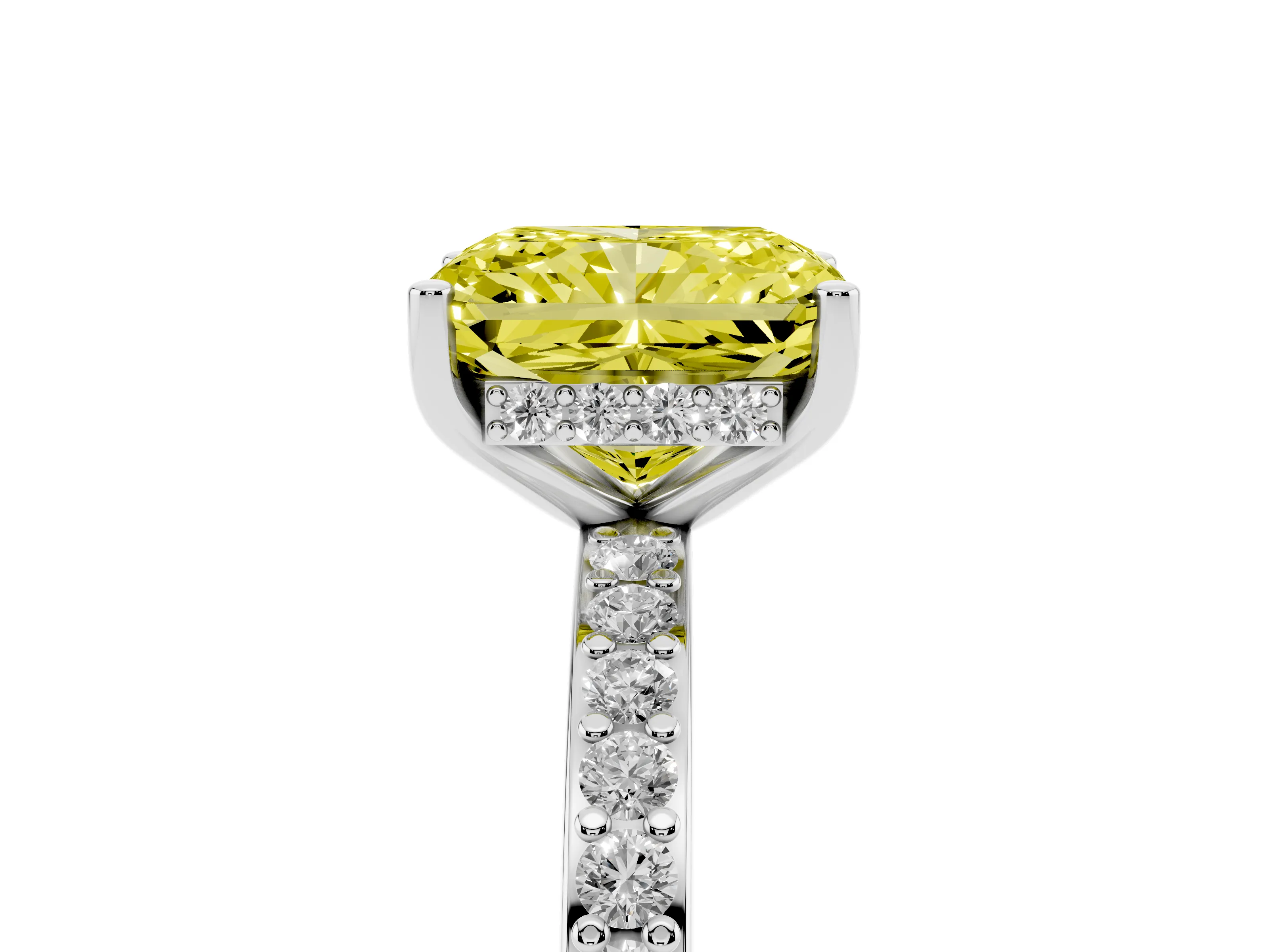 Fancy Yellow Radiant Cut Diamond Pavé Band Ring Set in White gold with Prong-Set Center Stone