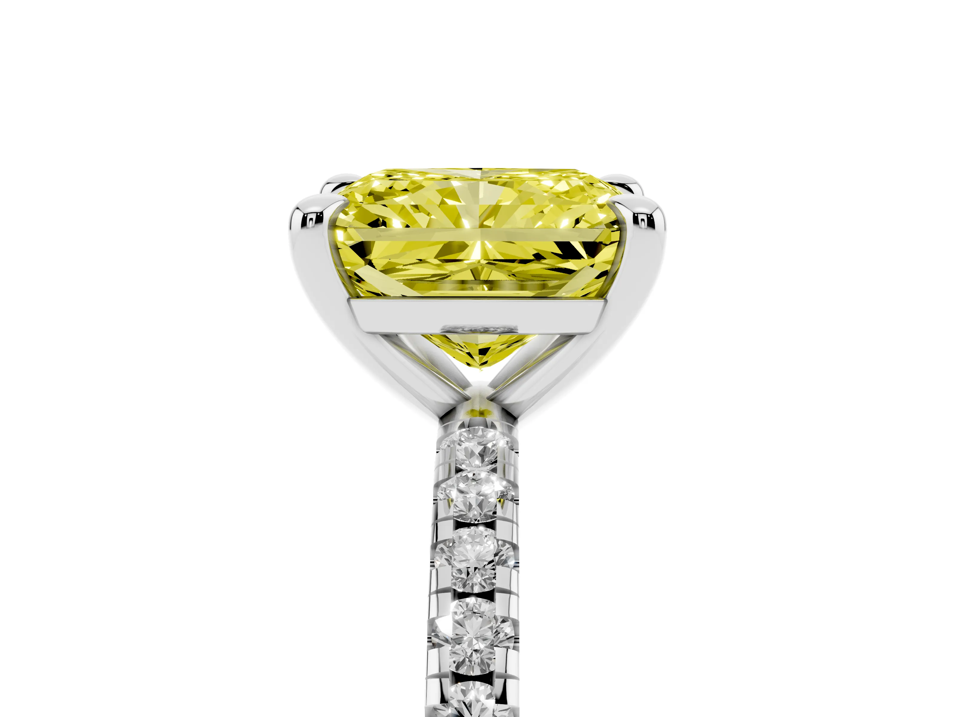 Fancy Yellow Radiant Cut Diamond Brilliant Solitaire Ring Set in White gold with Pavé Band and Prong Setting