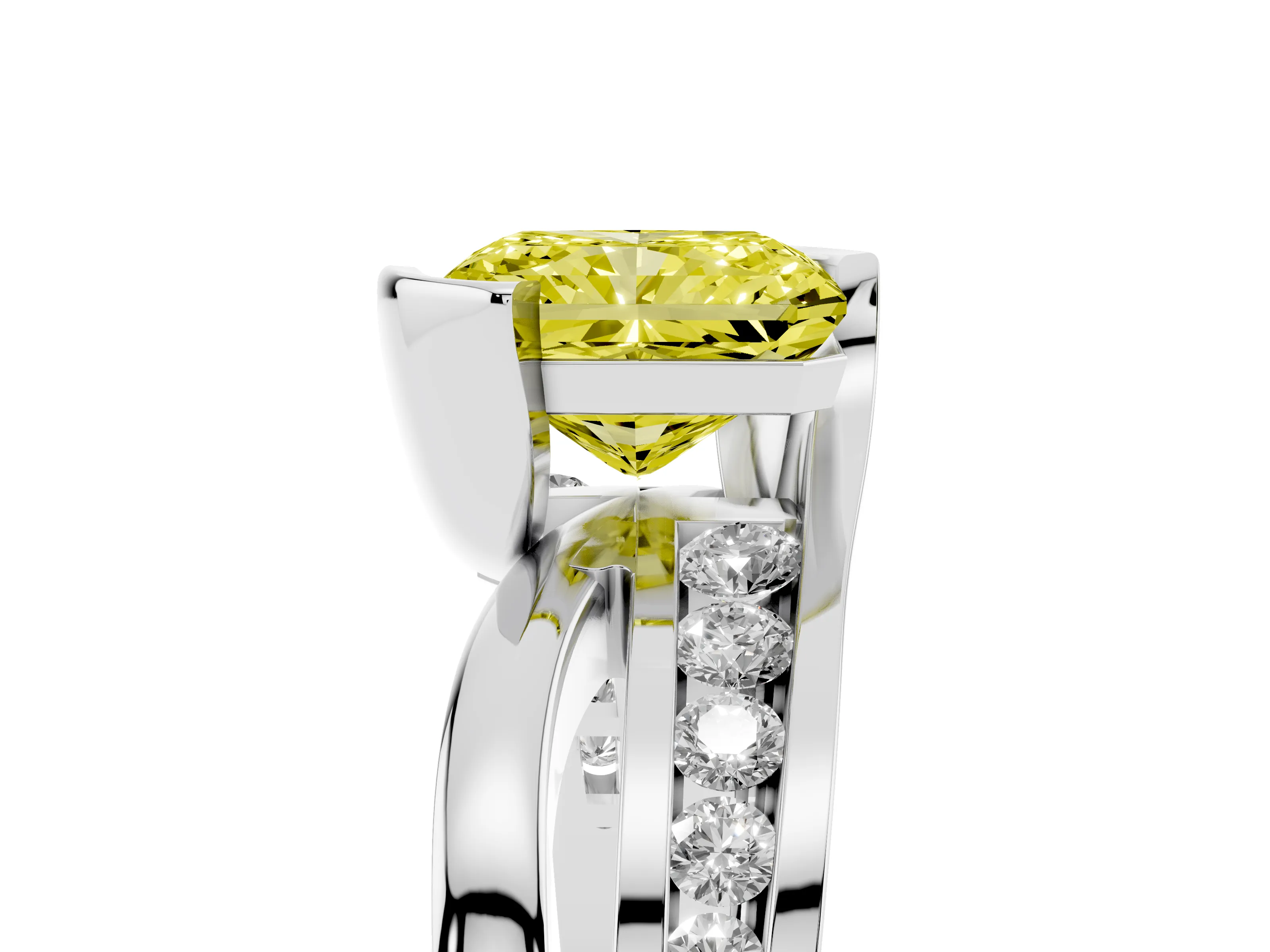 Fancy Yellow Radiant Cut Diamond Solitaire Ring Set in Platinum with Channel Set Split Shank and Tension Prongs