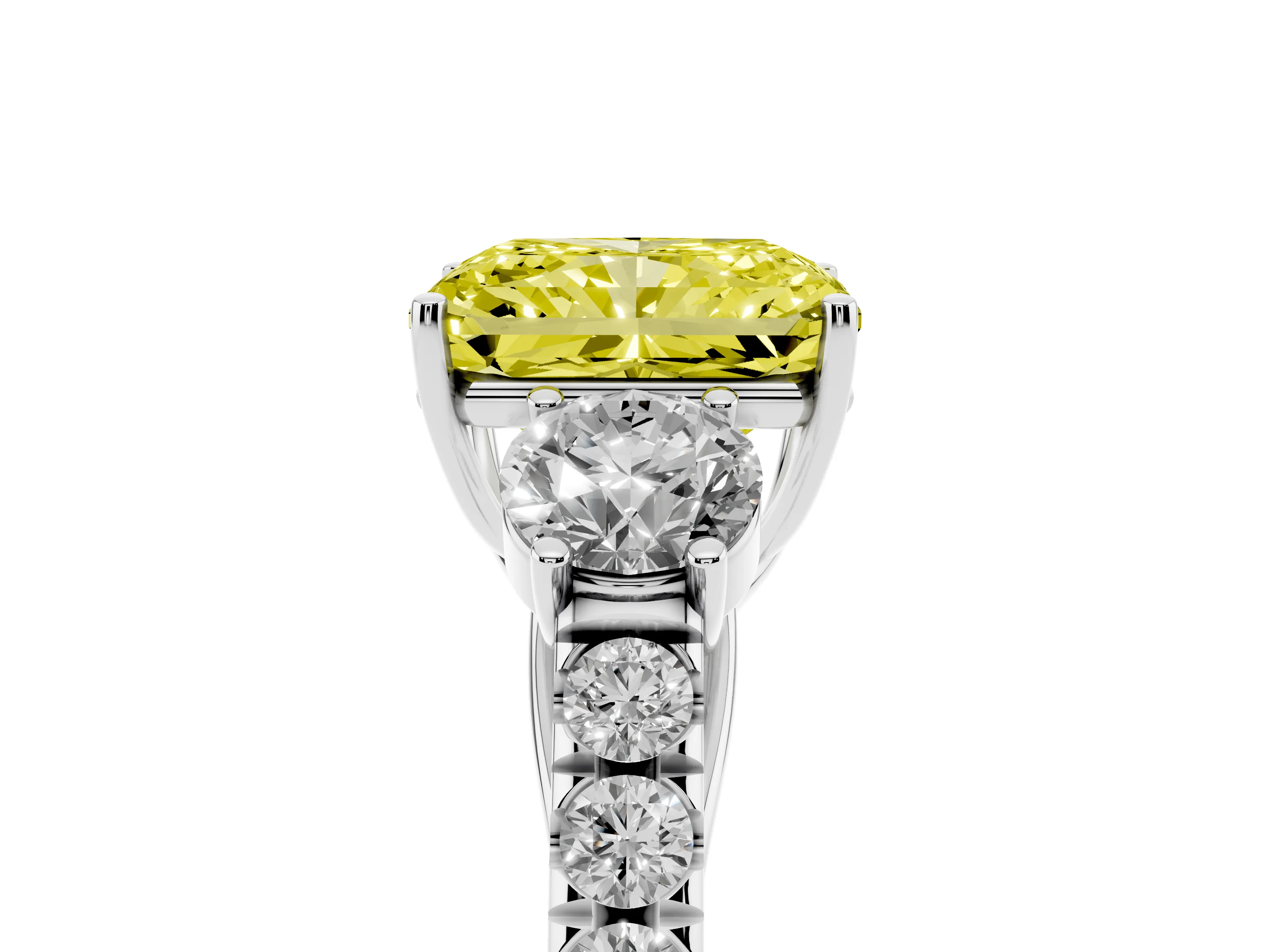 Fancy Yellow Radiant Cut Diamond Three-Stone Ring Set in Silver with Round Side Stones and Delicate Pavé Band
