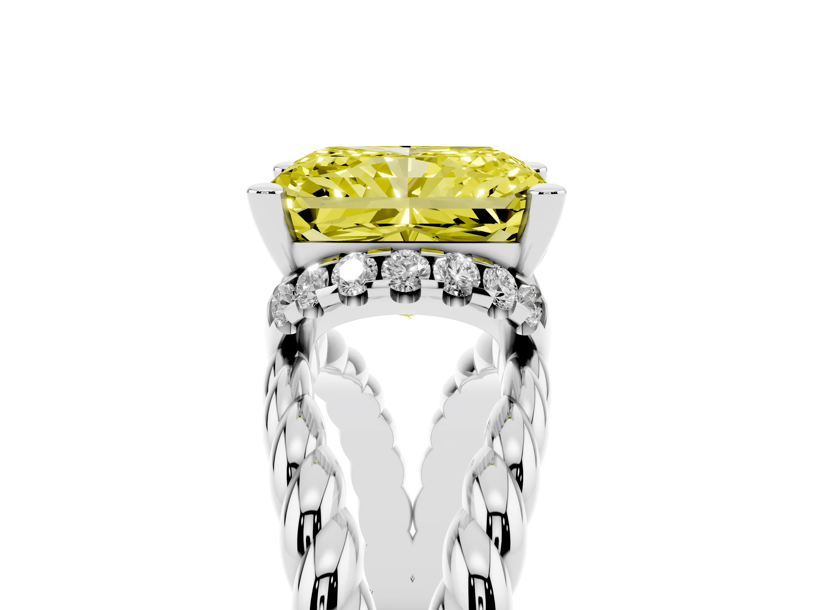 Fancy Yellow Radiant Cut Diamond Halo Ring Set in White gold with Twisted Band and Prong Setting