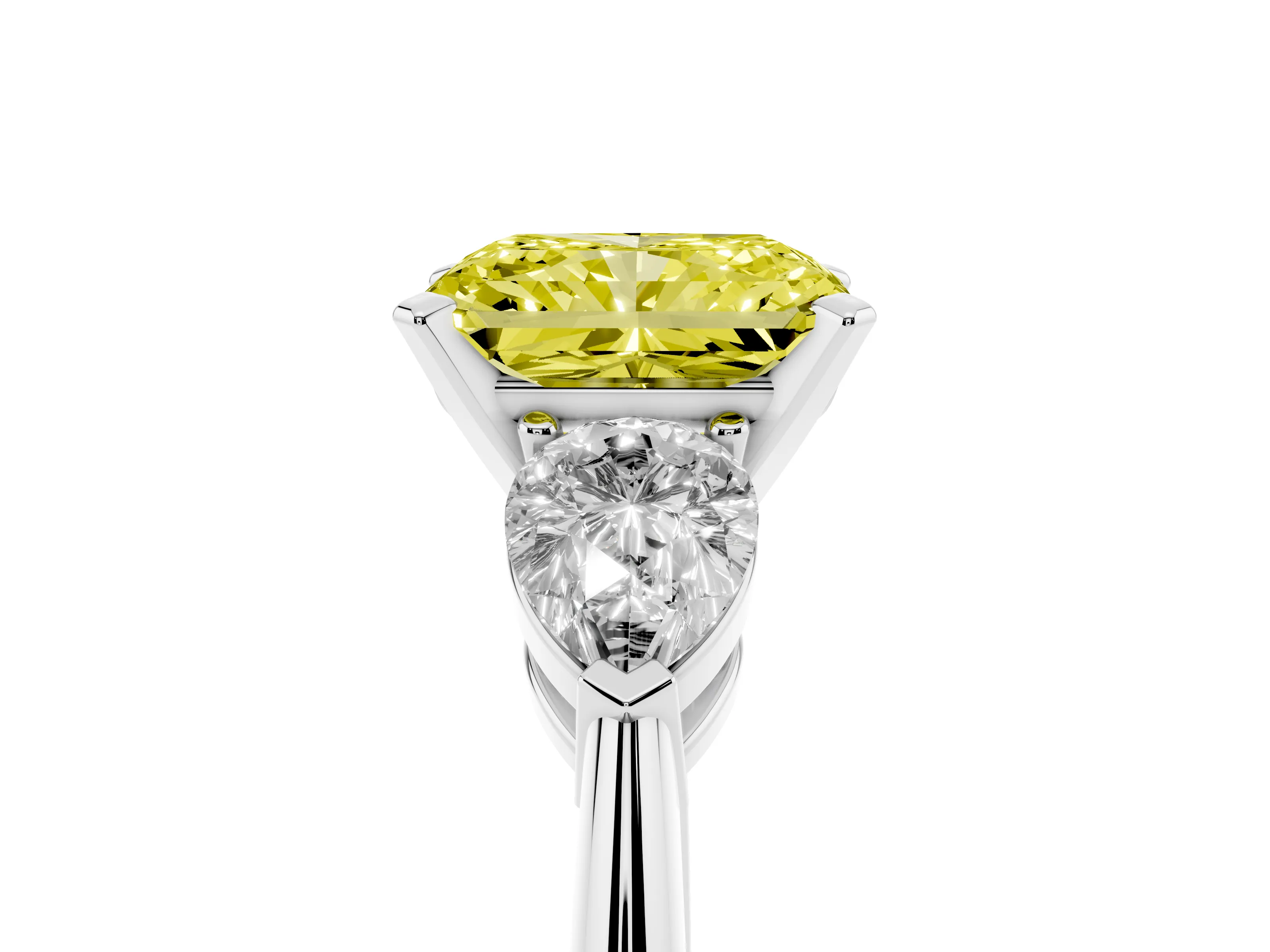 Fancy Yellow Three-Stone Radiant Cut Diamond Ring Set in Platinum with Pear Side Stones and Prong Setting