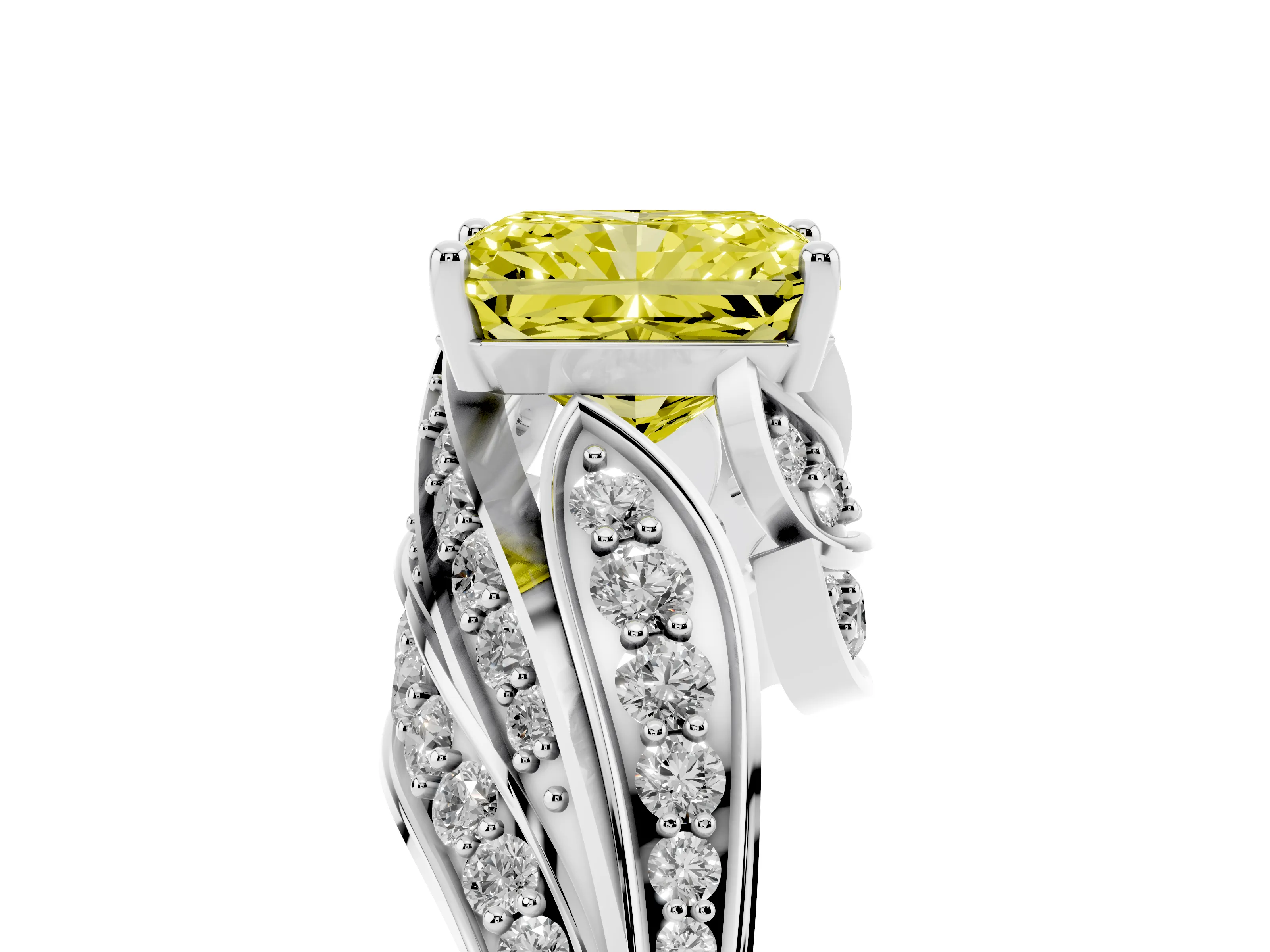 Fancy Yellow Radiant Cut Diamond Solitaire Ring Set in Platinum with Layered Twist Pavé Band