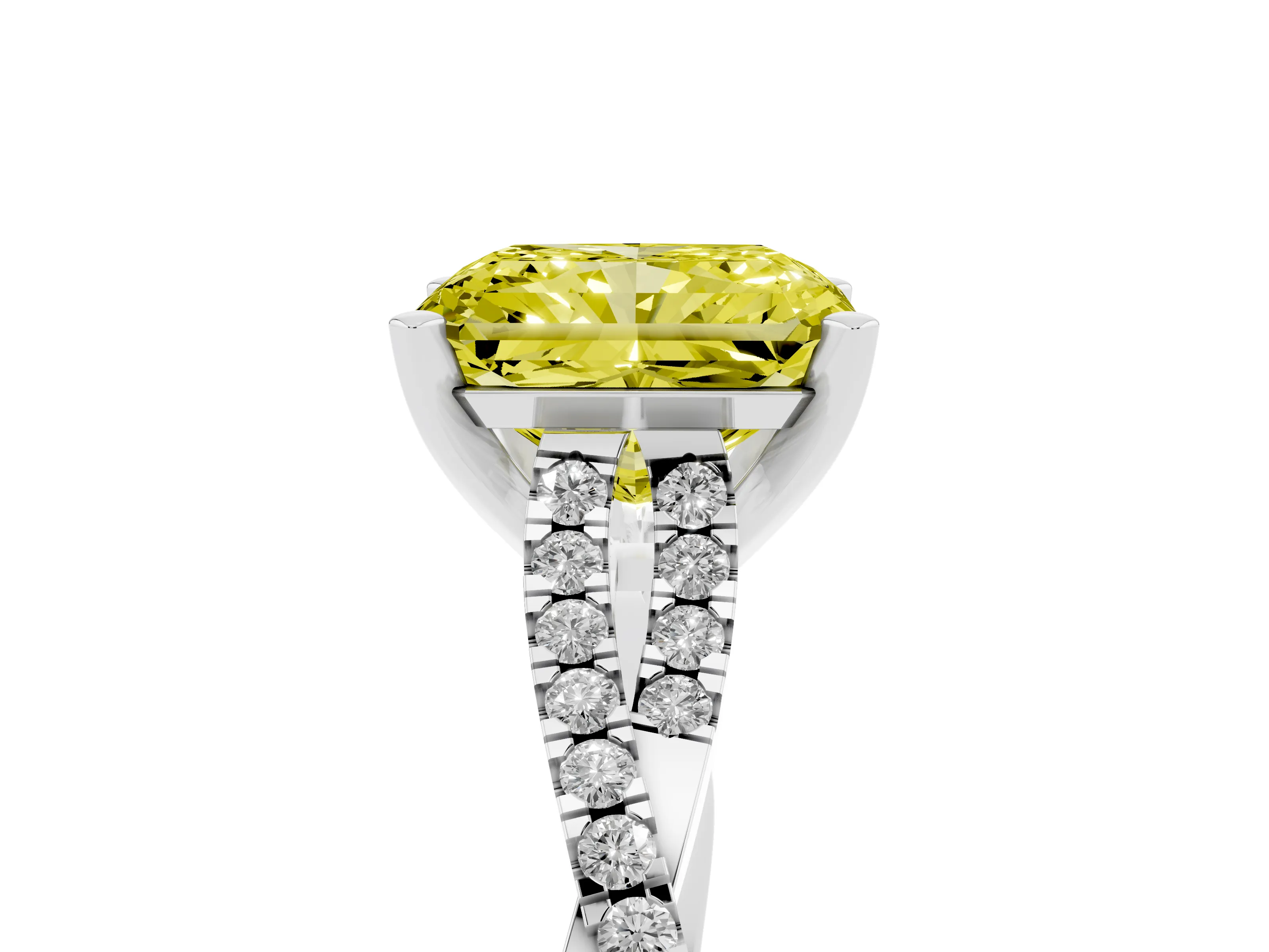 Fancy Yellow Radiant Cut Diamond Solitaire Engagement Ring Set in Platinum with Twisted Pavé Band and Prong Setting