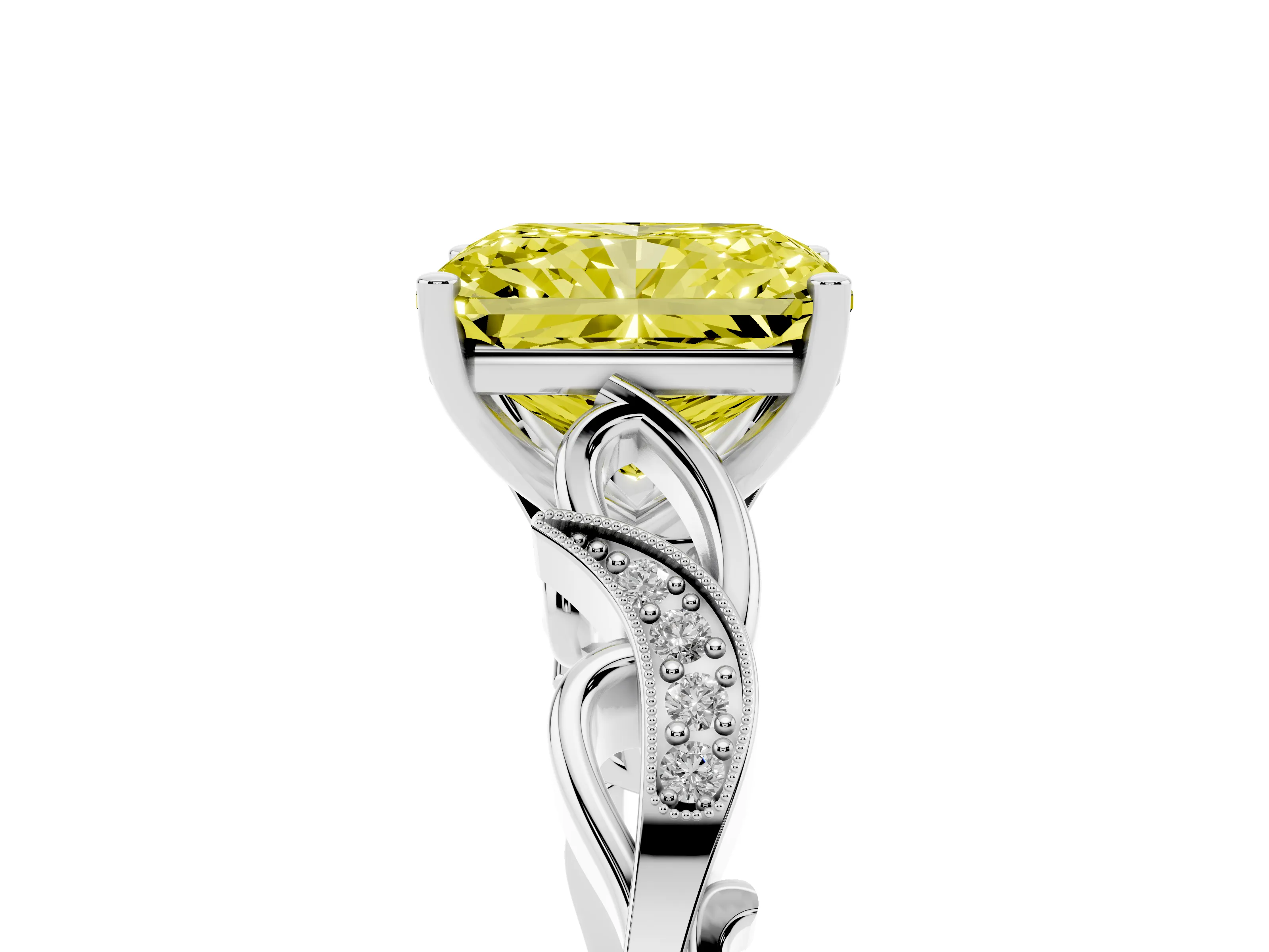 Fancy Yellow Radiant Cut Diamond Vine Band Solitaire Ring Set in Platinum with Milgrain Prong Setting