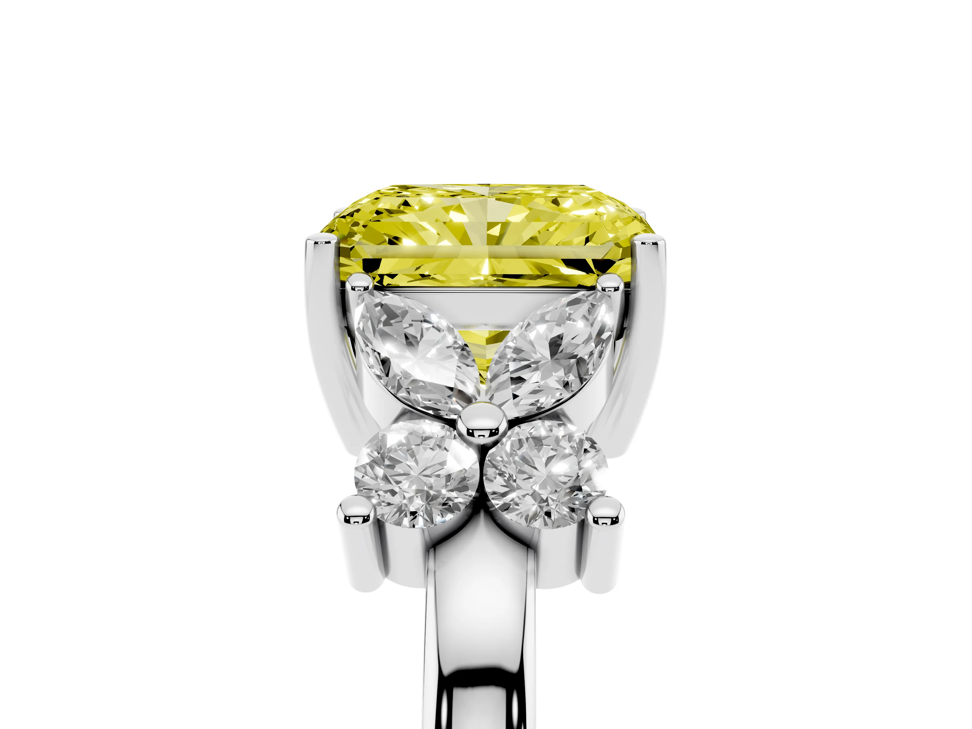 Fancy Yellow Radiant Cut Diamond Floral Cluster Ring Set in White gold with Marquise Petals and Prong Setting