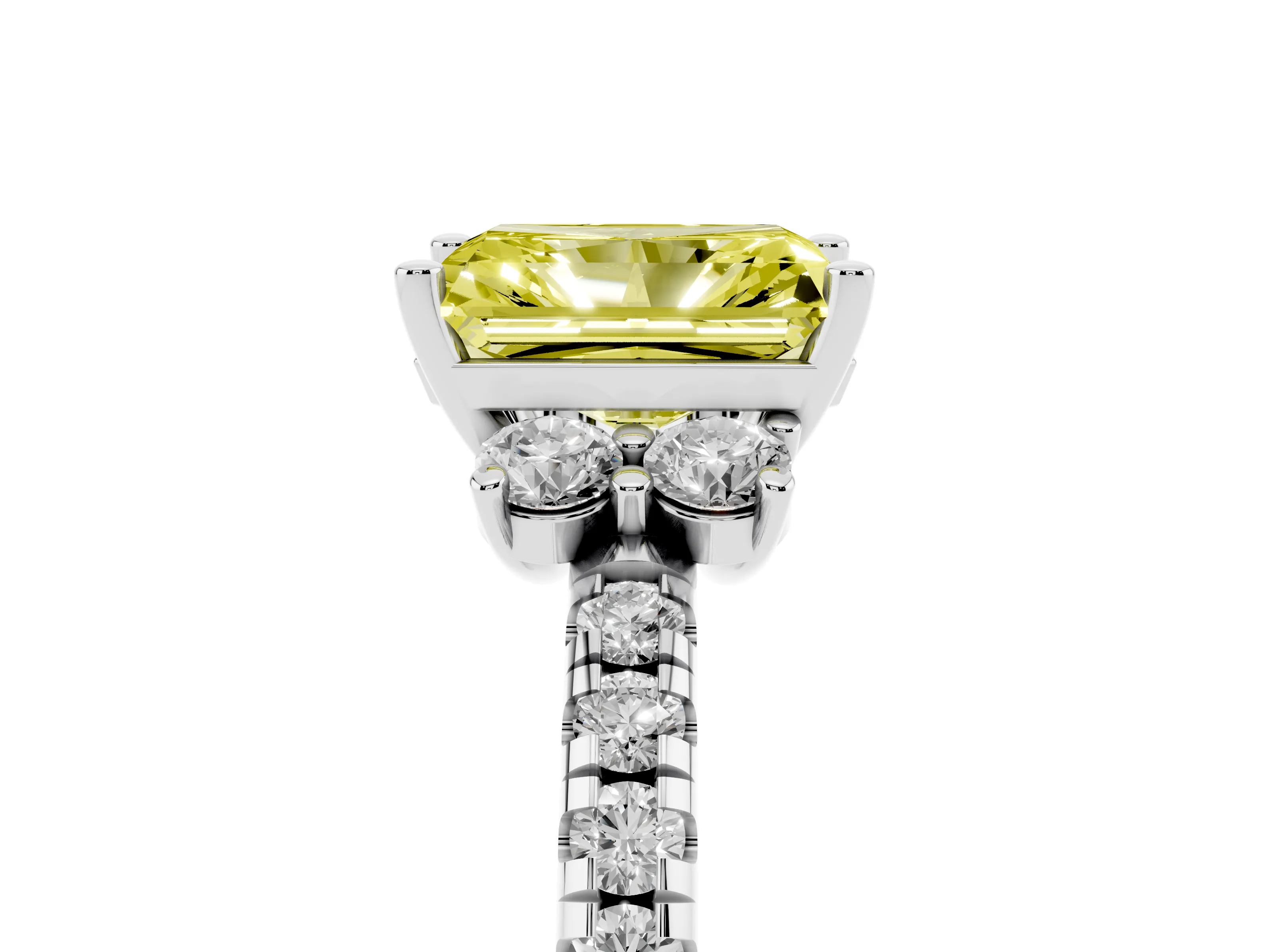 Fancy Yellow Radiant Cut Diamond Three-Stone Pavé Ring Set in Silver with Prong Setting