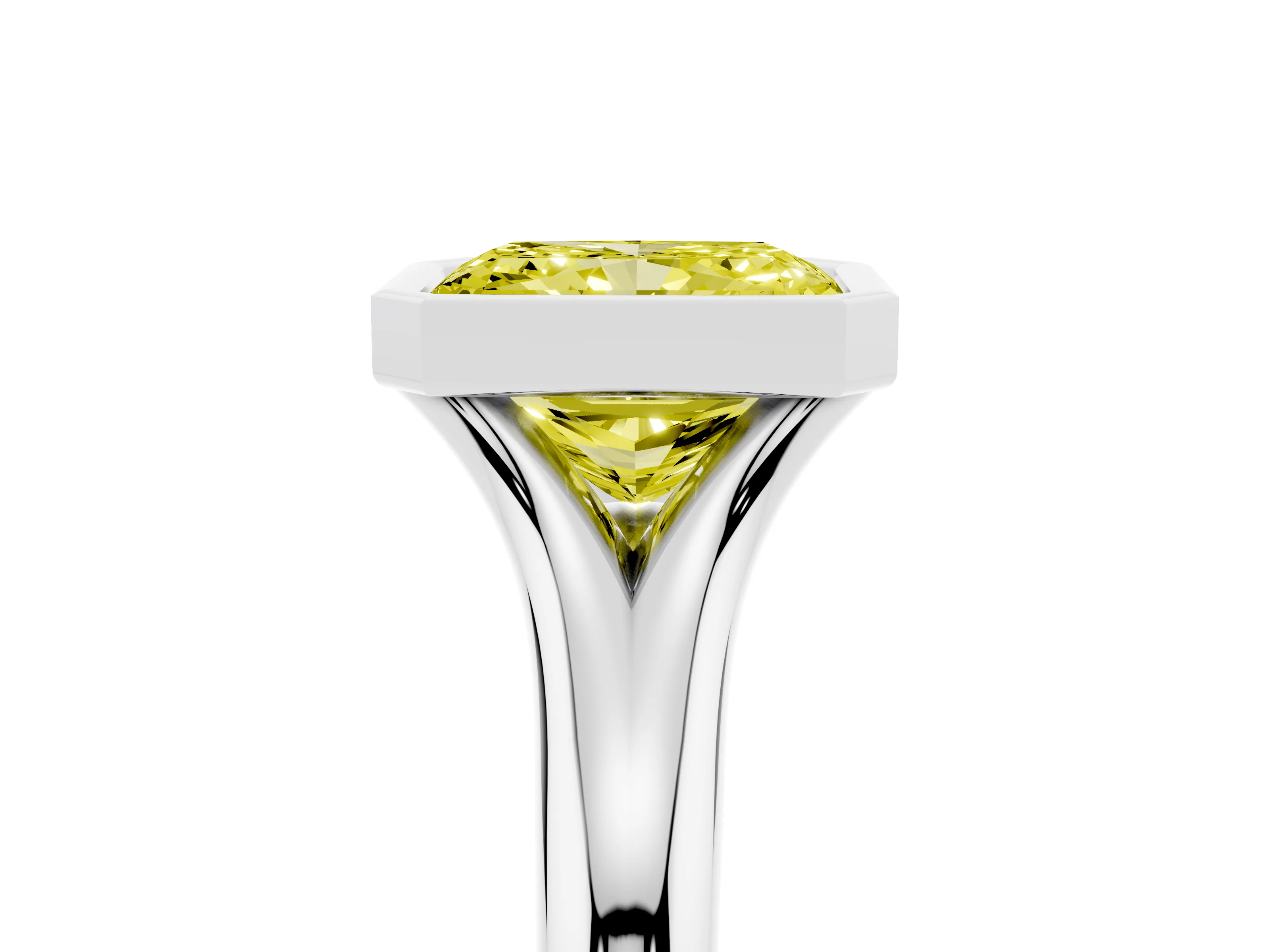 Fancy Yellow Bezel Set Radiant Cut Diamond Solitaire Ring Set in White gold with Smooth Band