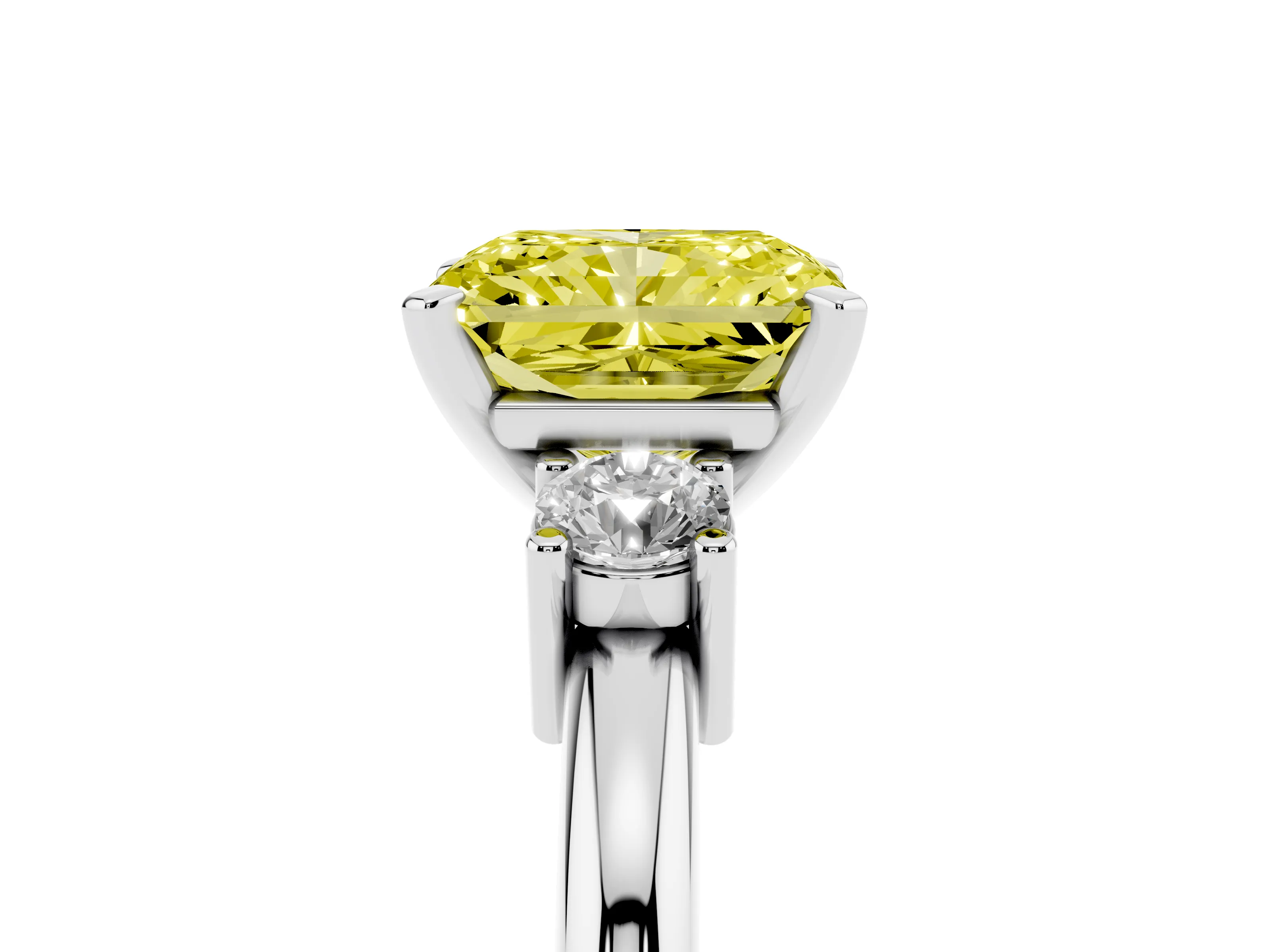 Fancy Yellow Three-Stone Radiant Cut Diamond Ring Set in White gold with Prong Setting and Plain Band