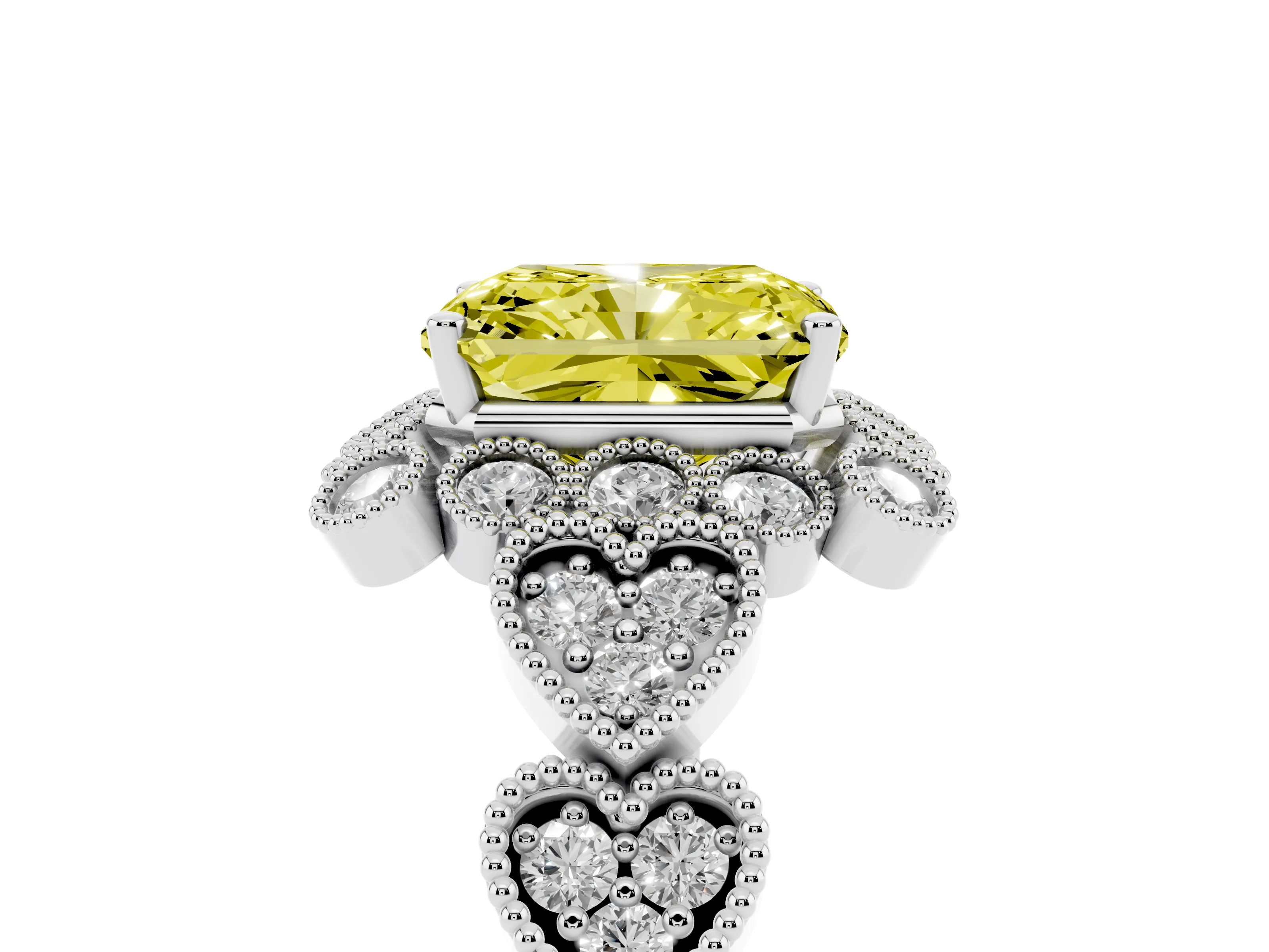 Fancy Yellow Radiant Cut Diamond Solitaire Ring Set in Platinum with Milgrain Pavé Heart Band