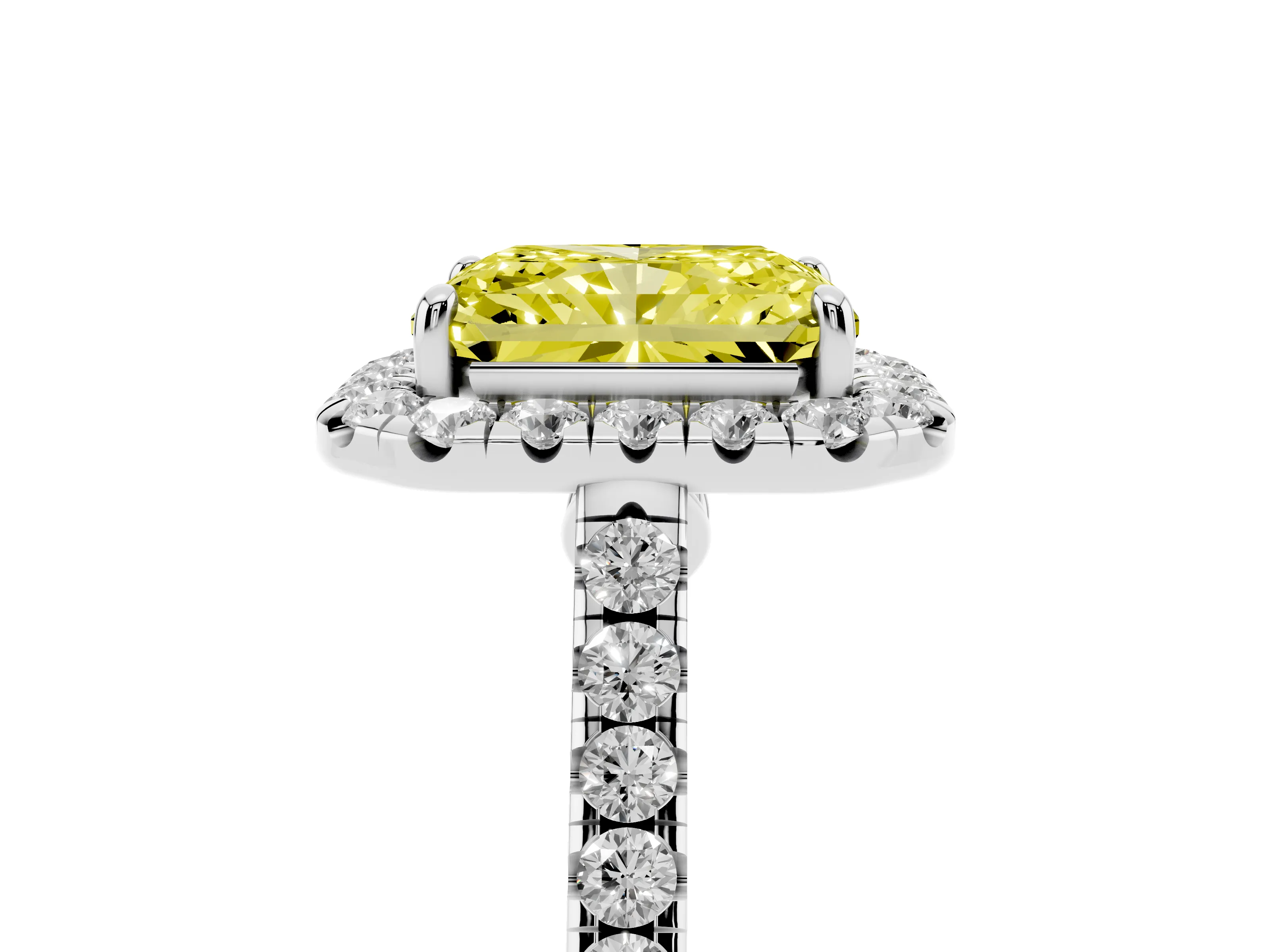 Fancy Yellow Radiant Cut Diamond Halo Pavé Engagement Ring Set in Silver with Prong Setting