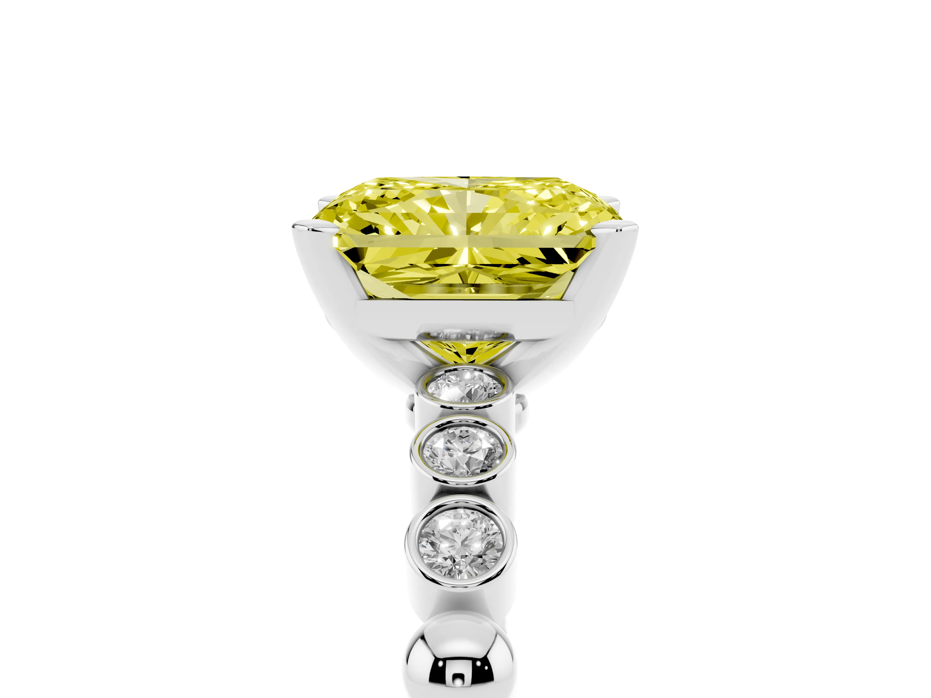 Fancy Yellow Radiant Cut Diamond Solitaire Engagement Ring Set in White gold with Bezel Accents on Beaded Band