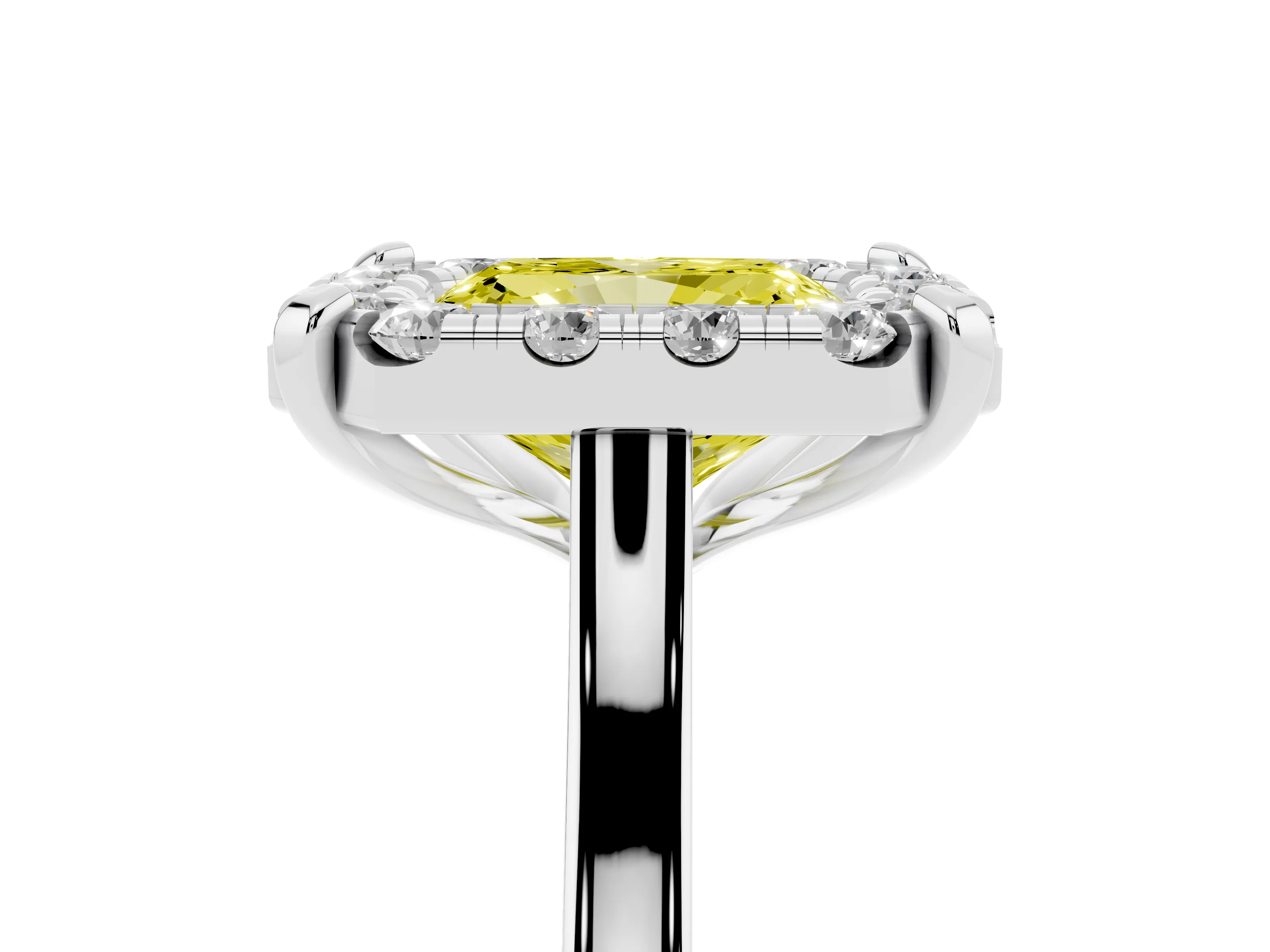 Fancy Yellow Radiant Cut Diamond Cluster Halo Solitaire Ring Set in White gold with Prong Setting