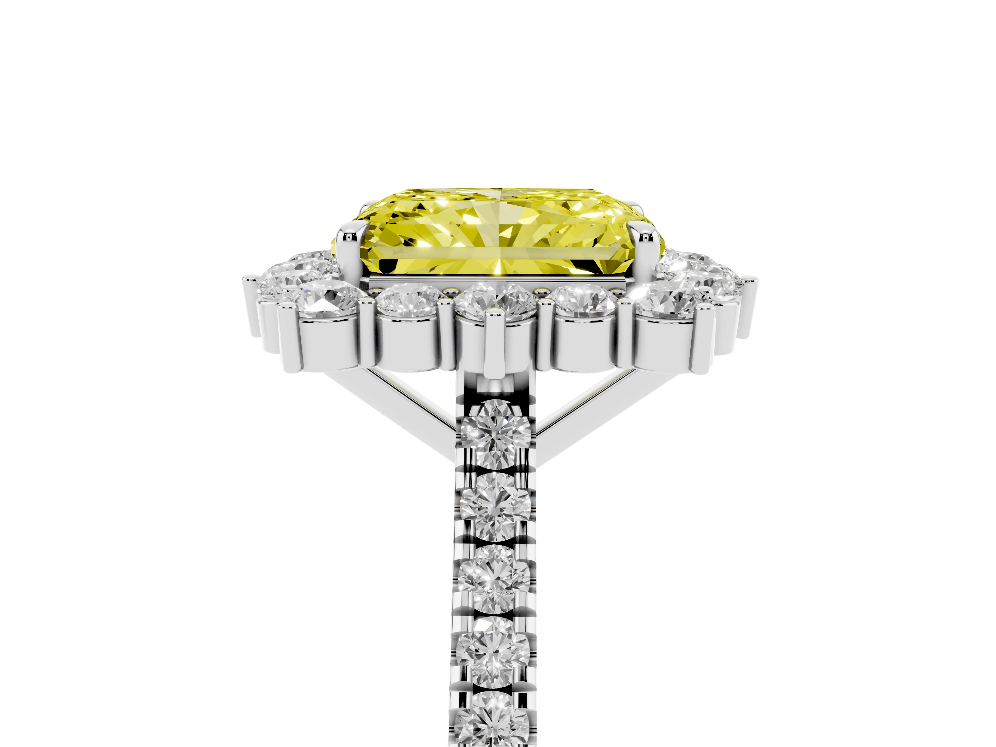 Fancy Yellow Radiant Cut Diamond Halo Ring Set in Platinum with Pavé Band and Prong Setting