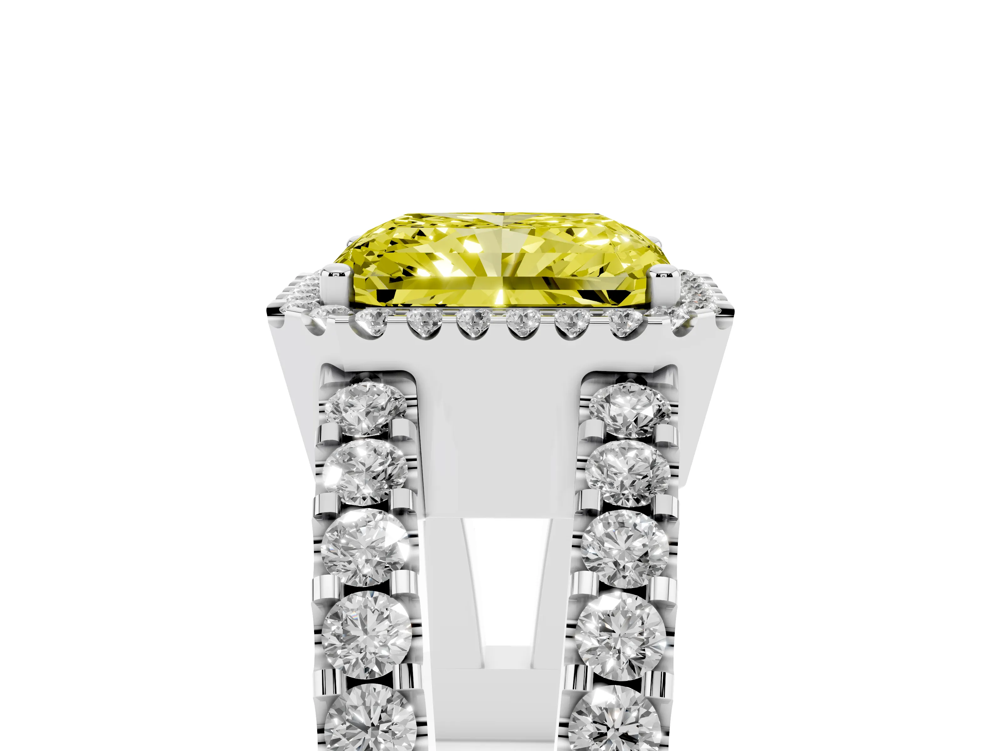 Fancy Yellow Radiant Cut Diamond Halo Ring Set in Silver with Pavé Split Shank and Prong Setting