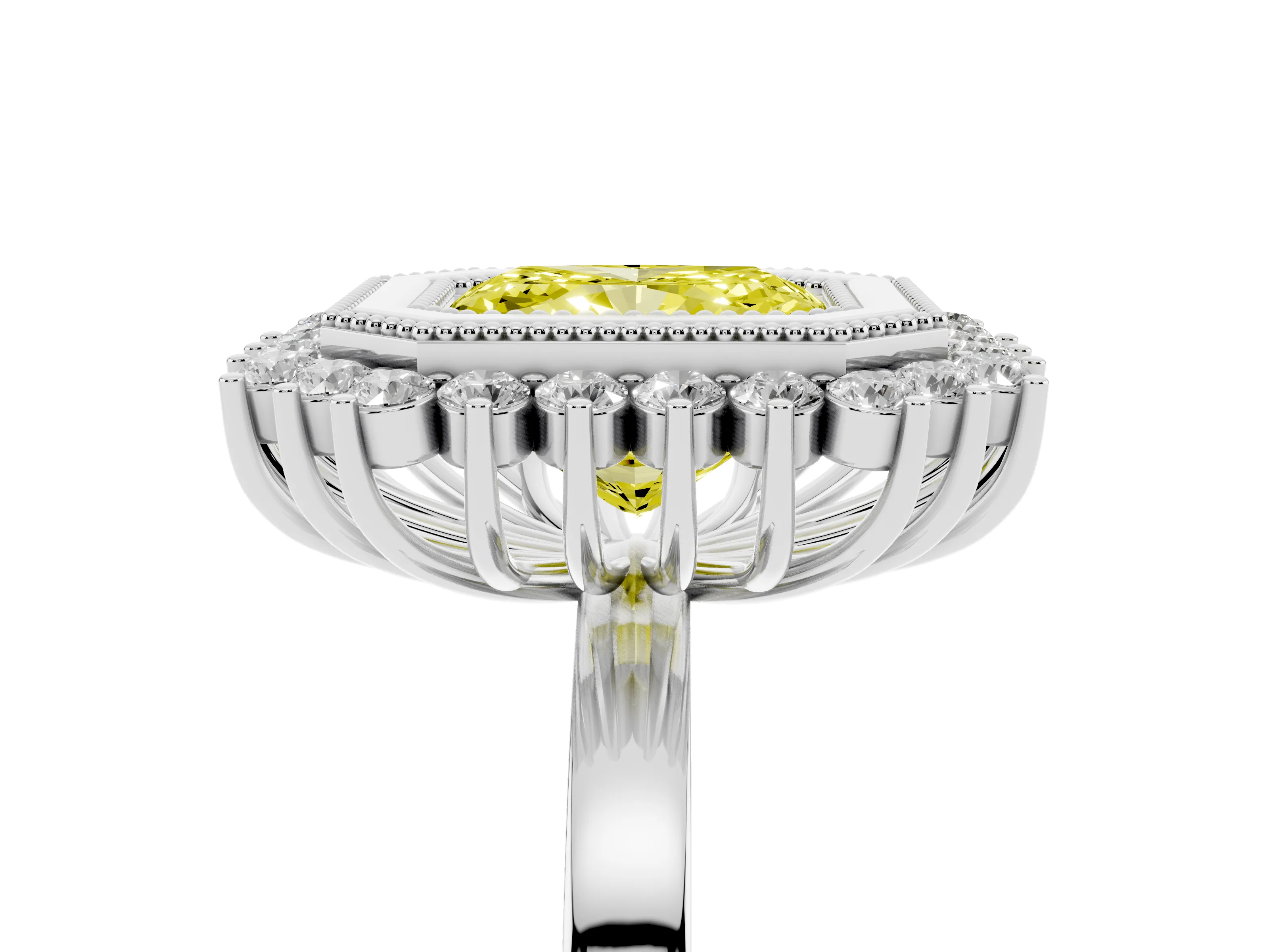 Fancy Yellow Radiant Cut Diamond Halo Ring Set in Silver with Milgrain Edge and Round Prong Setting