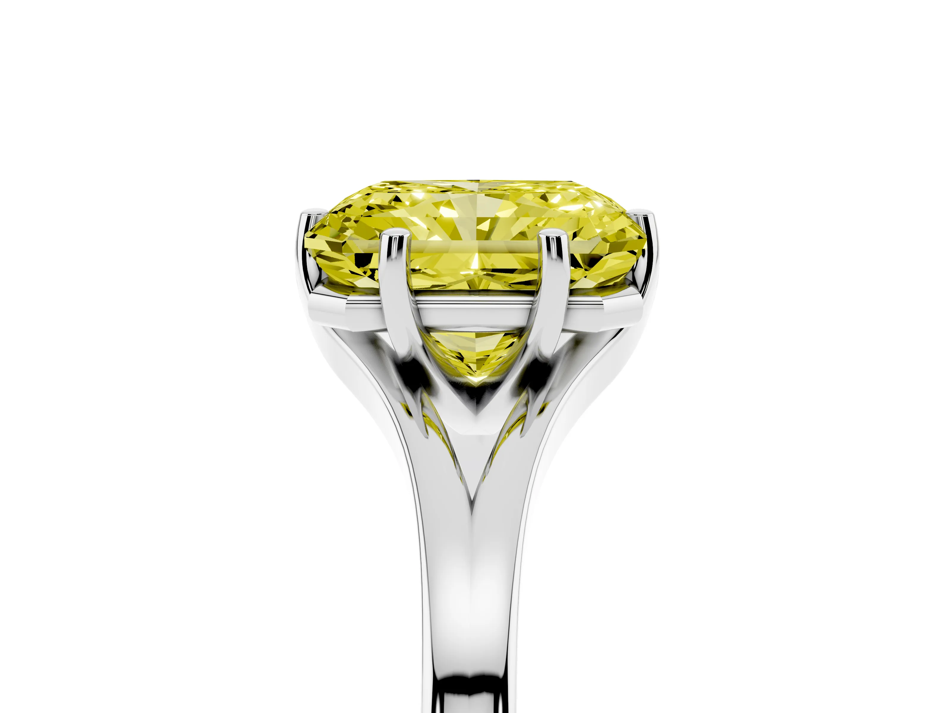 Fancy Yellow Radiant Cut Diamond Solitaire Ring Set in Platinum with Polished Tapered Band and Prong Setting