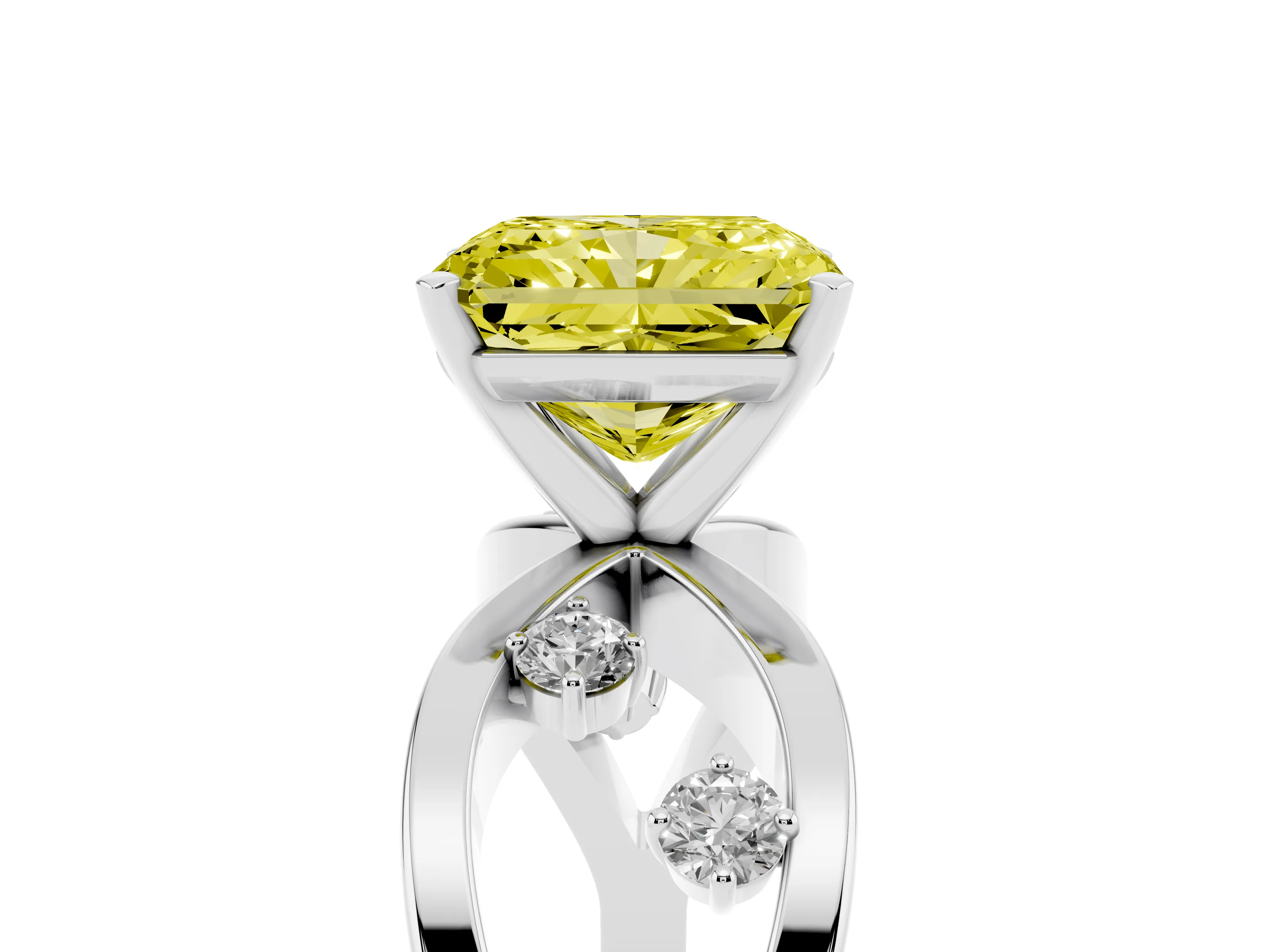Fancy Yellow Radiant Cut Diamond Solitaire Ring Set in Platinum with Side Stones on Criss-Cross Band and Prong Setting