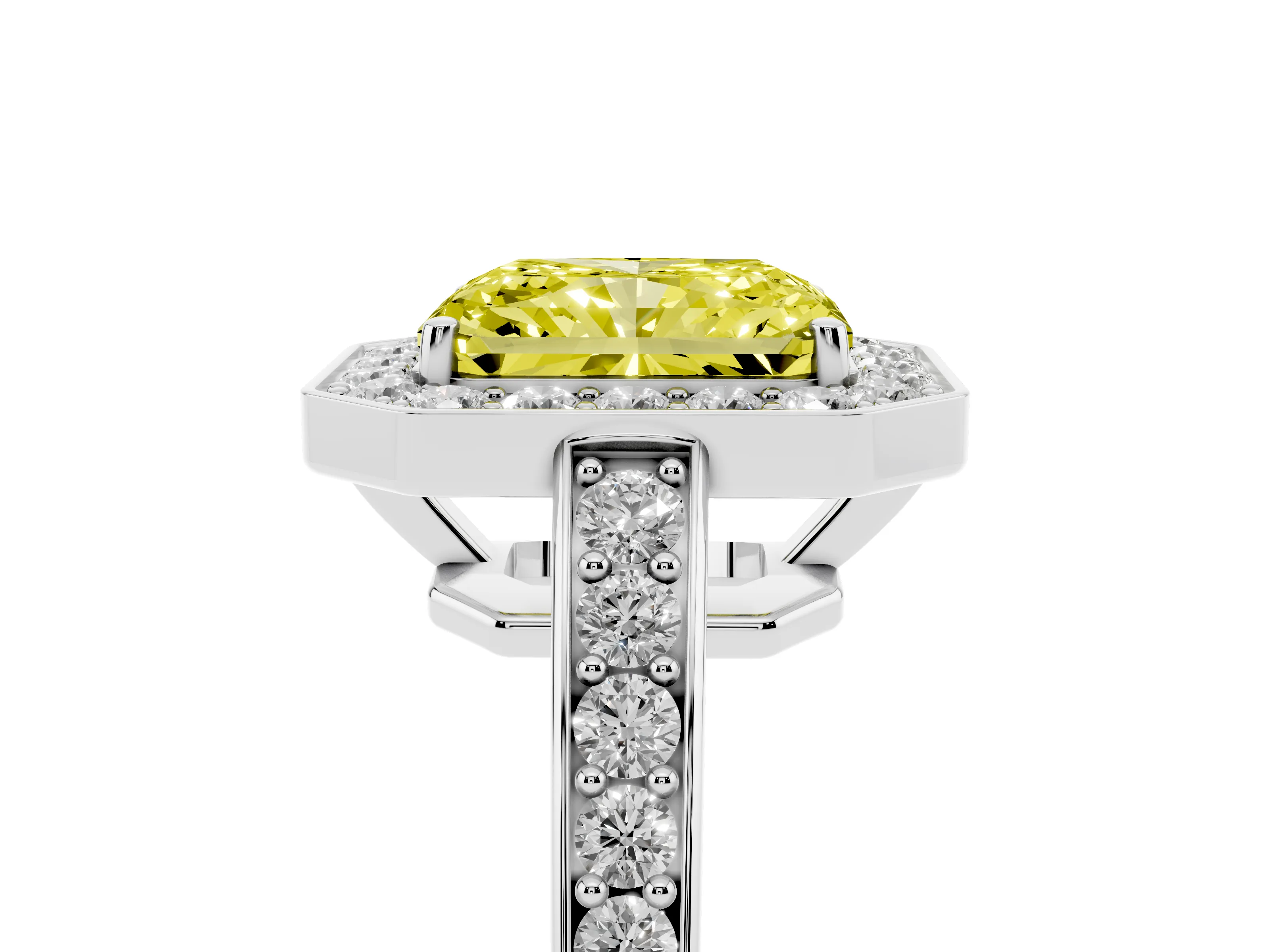 Fancy Yellow Radiant Cut Diamond Halo Pavé Engagement Ring Set in Silver with Bezel Setting