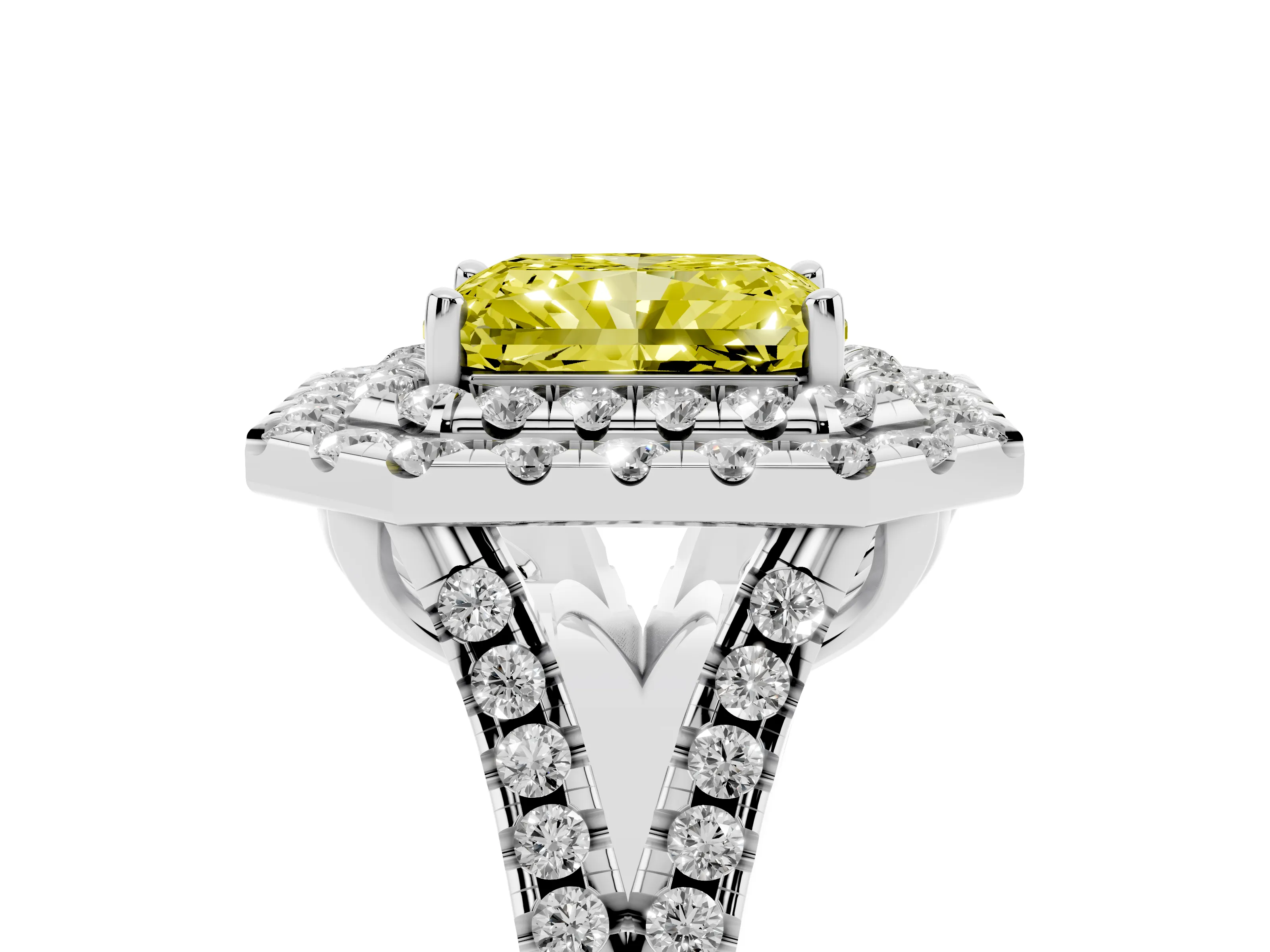Fancy Yellow Radiant Cut Diamond Double Halo Ring Set in Silver with Pavé Split Shank and Prong Setting