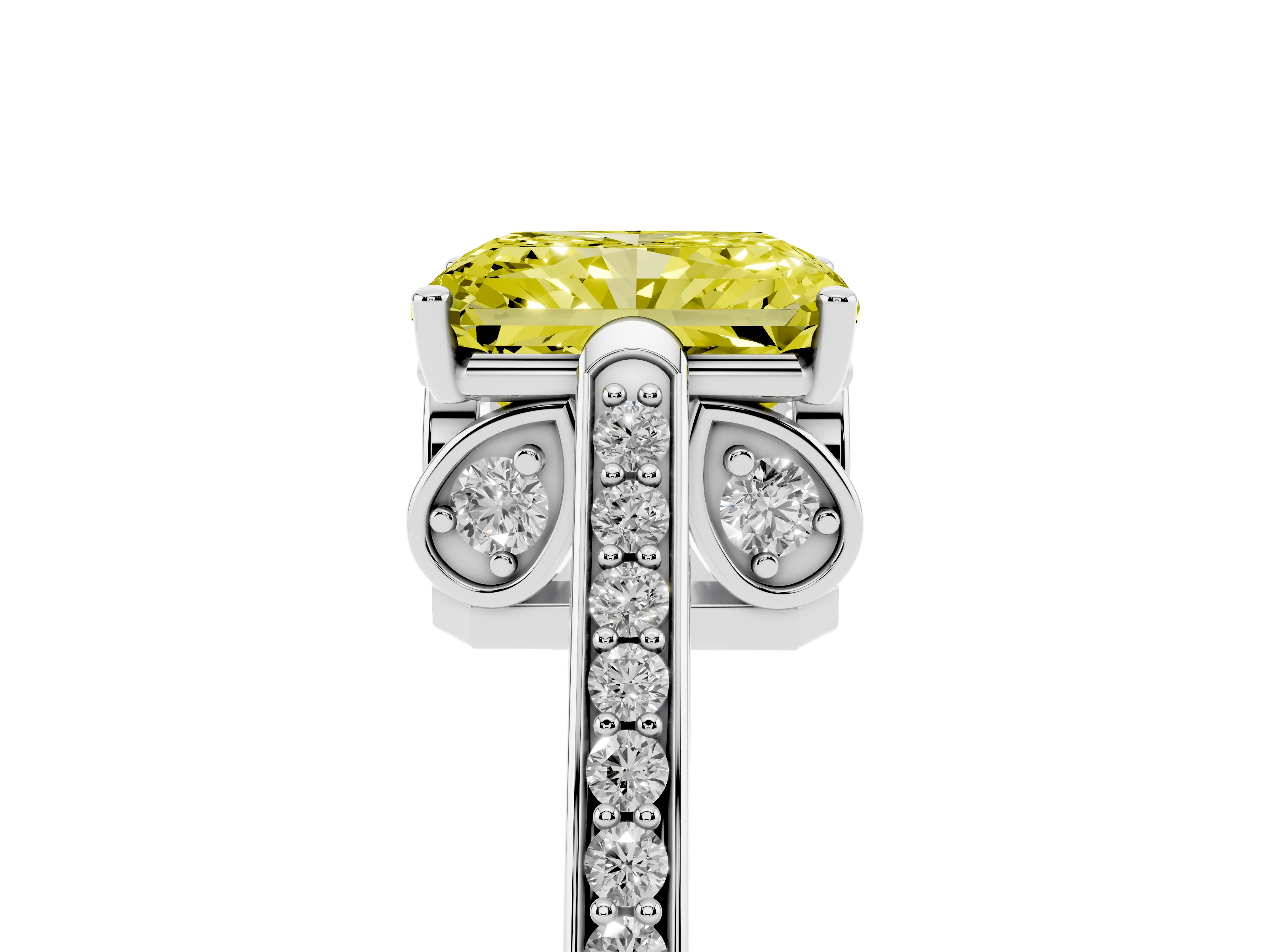 Fancy Yellow Radiant Cut Diamond Cathedral Pavé Engagement Ring Set in Silver with Prong Setting