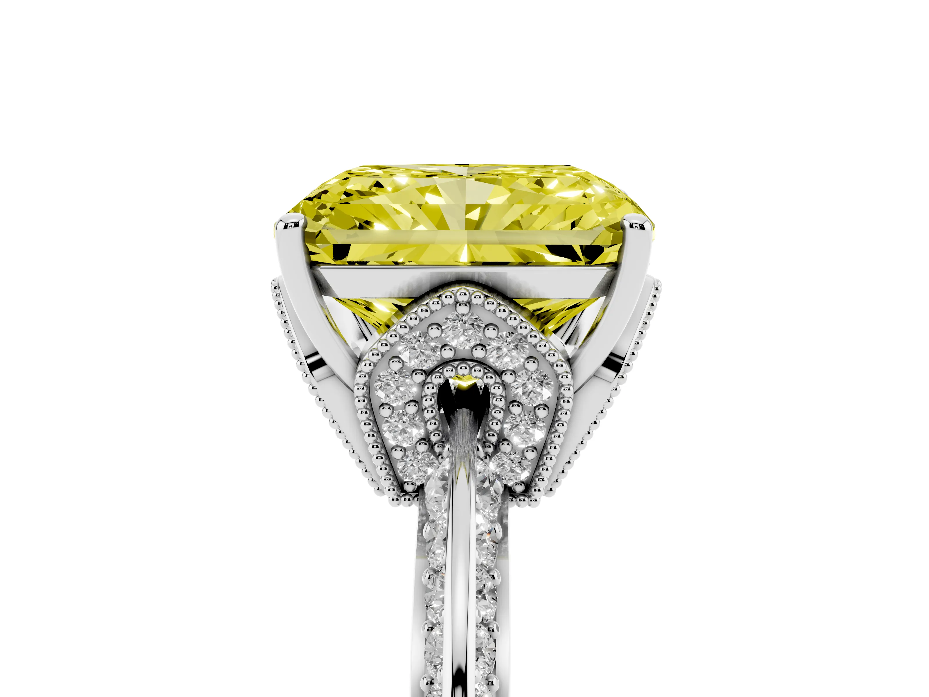 Fancy Yellow Radiant Cut Diamond Solitaire Engagement Ring Set in Silver with Pavé Split Shank and Prong Setting