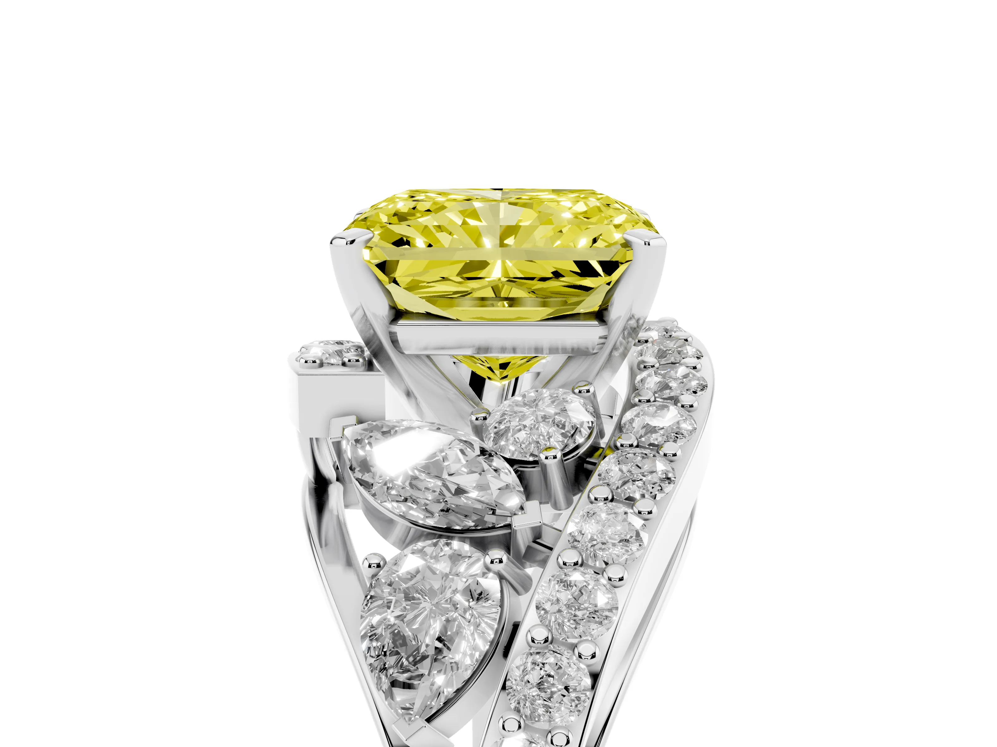 Fancy Yellow Radiant Cut Diamond Halo Ring Set in Silver with Marquise and Pavé Band in Prong Setting