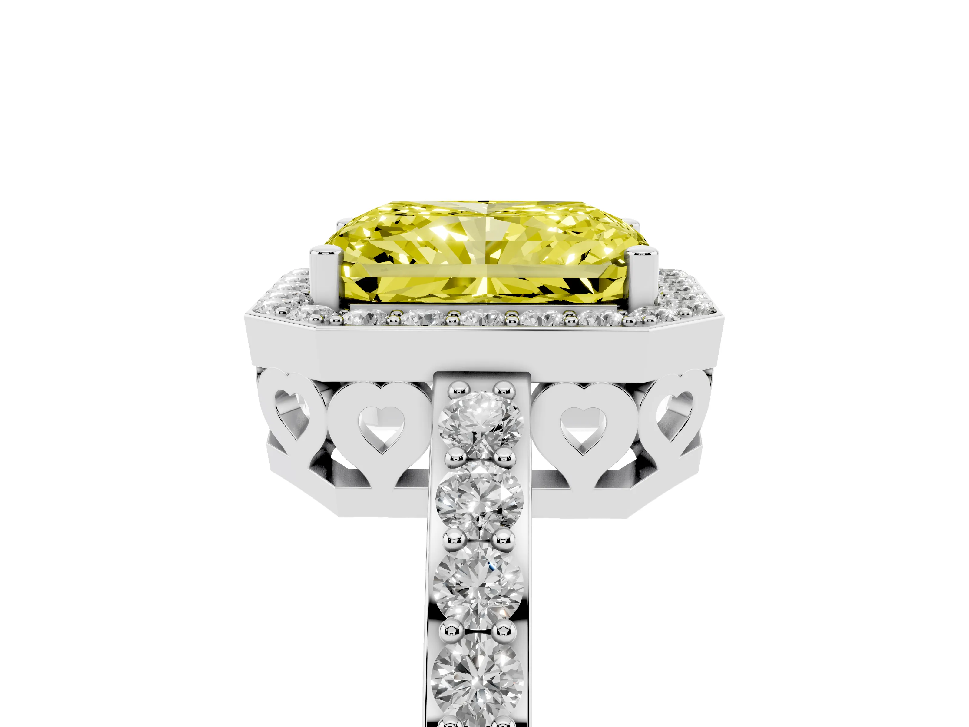 Fancy Yellow Radiant Cut Diamond Halo Ring Set in White gold with Pavé-Setting Band and Open Prong Center
