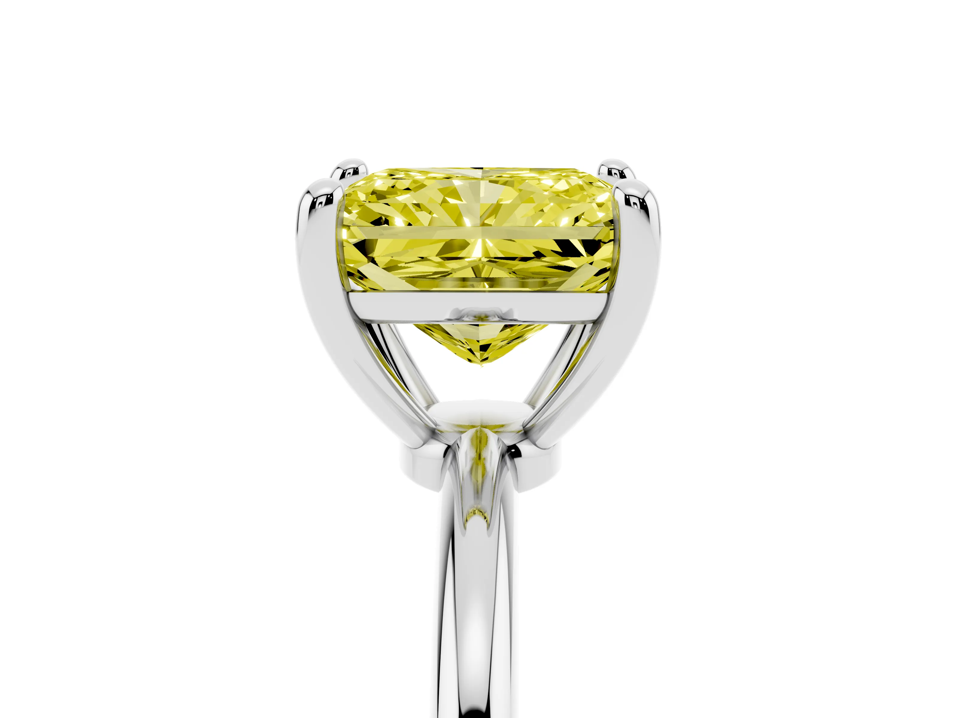 Fancy Yellow Radiant Cut Diamond Solitaire Ring Set in White gold with Secure Prong Setting on a Classic Band