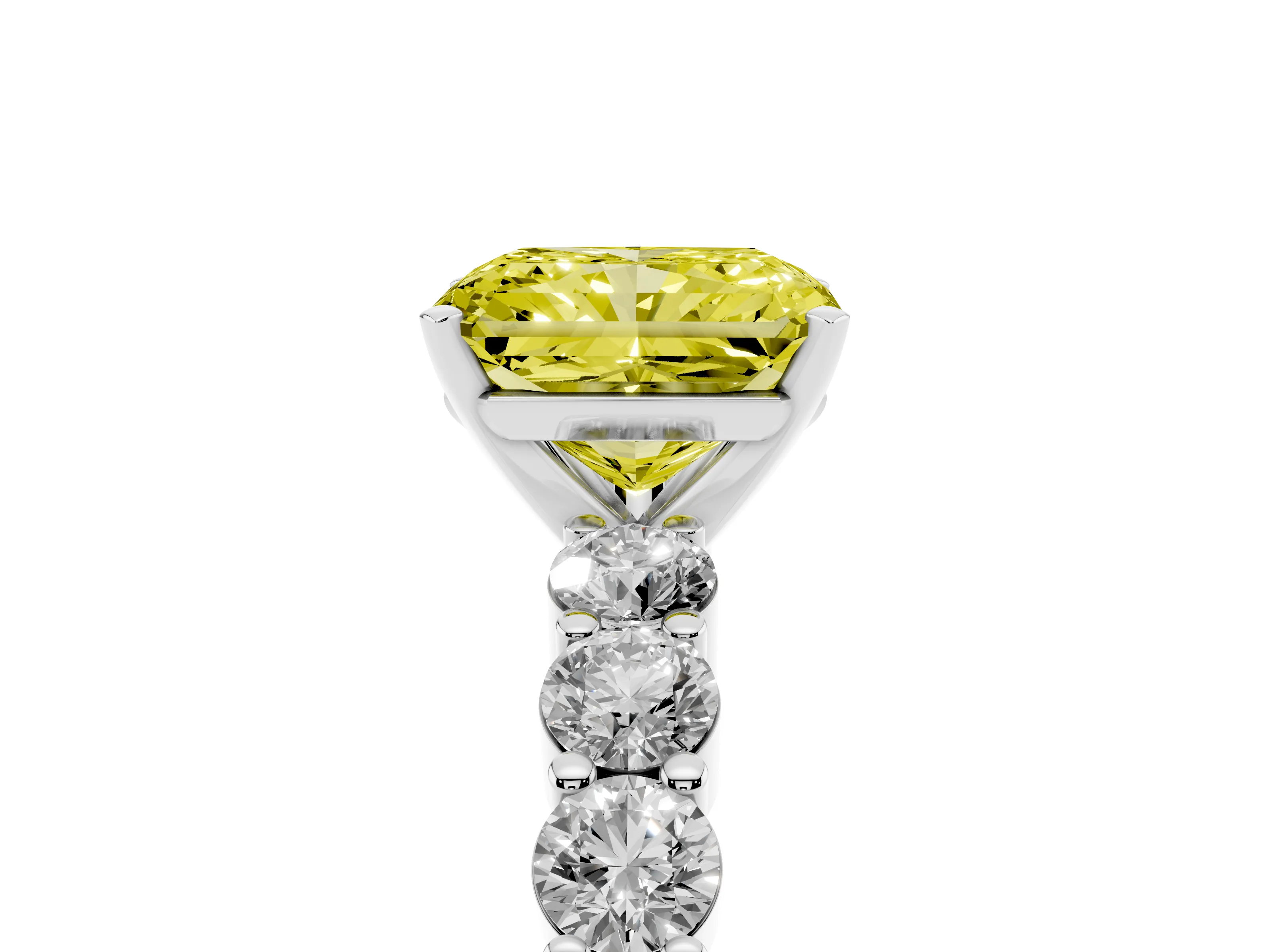 Fancy Yellow Radiant Cut Diamond Solitaire Ring Set in Platinum with Shared Prong Round Side Stones