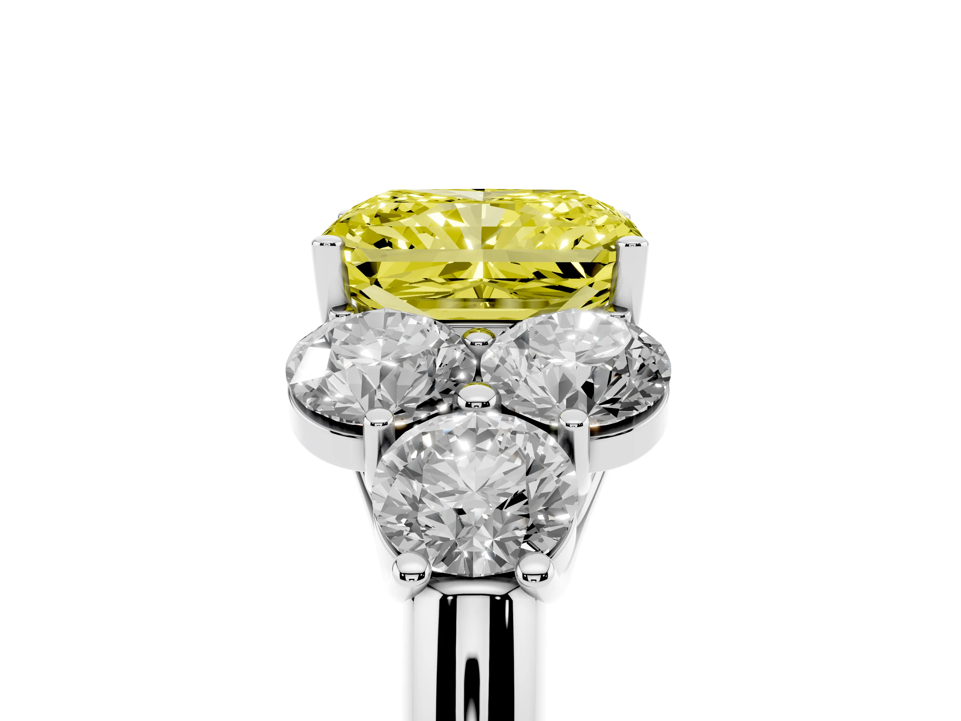 Fancy Yellow Radiant Cut Diamond Cluster Ring Set in Silver with Round Accent Stones and Prong Setting on a Plain Band