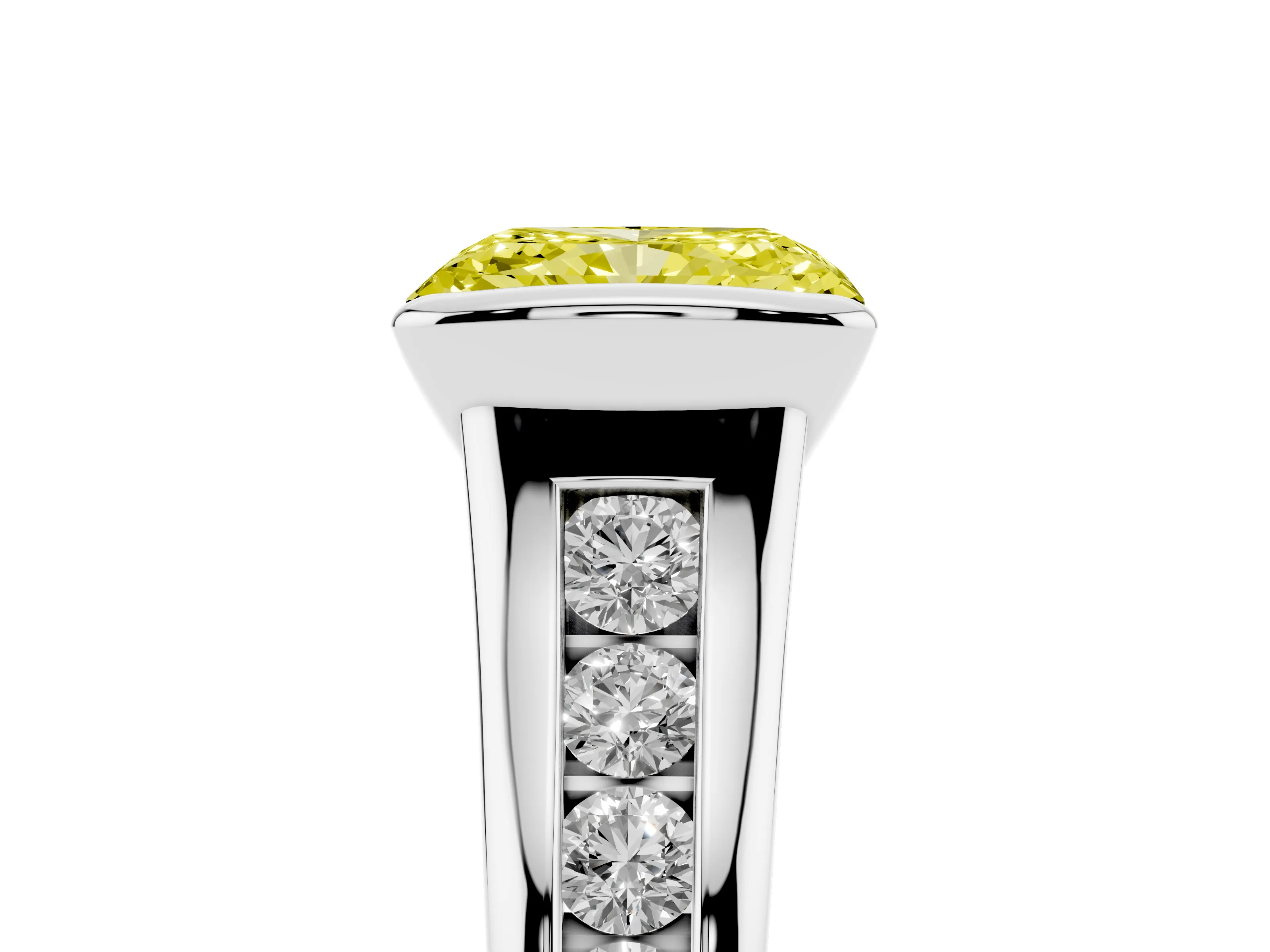 Fancy Yellow Radiant Cut Diamond Bezel-Set Solitaire Ring Set in White gold with Channel-Set Band