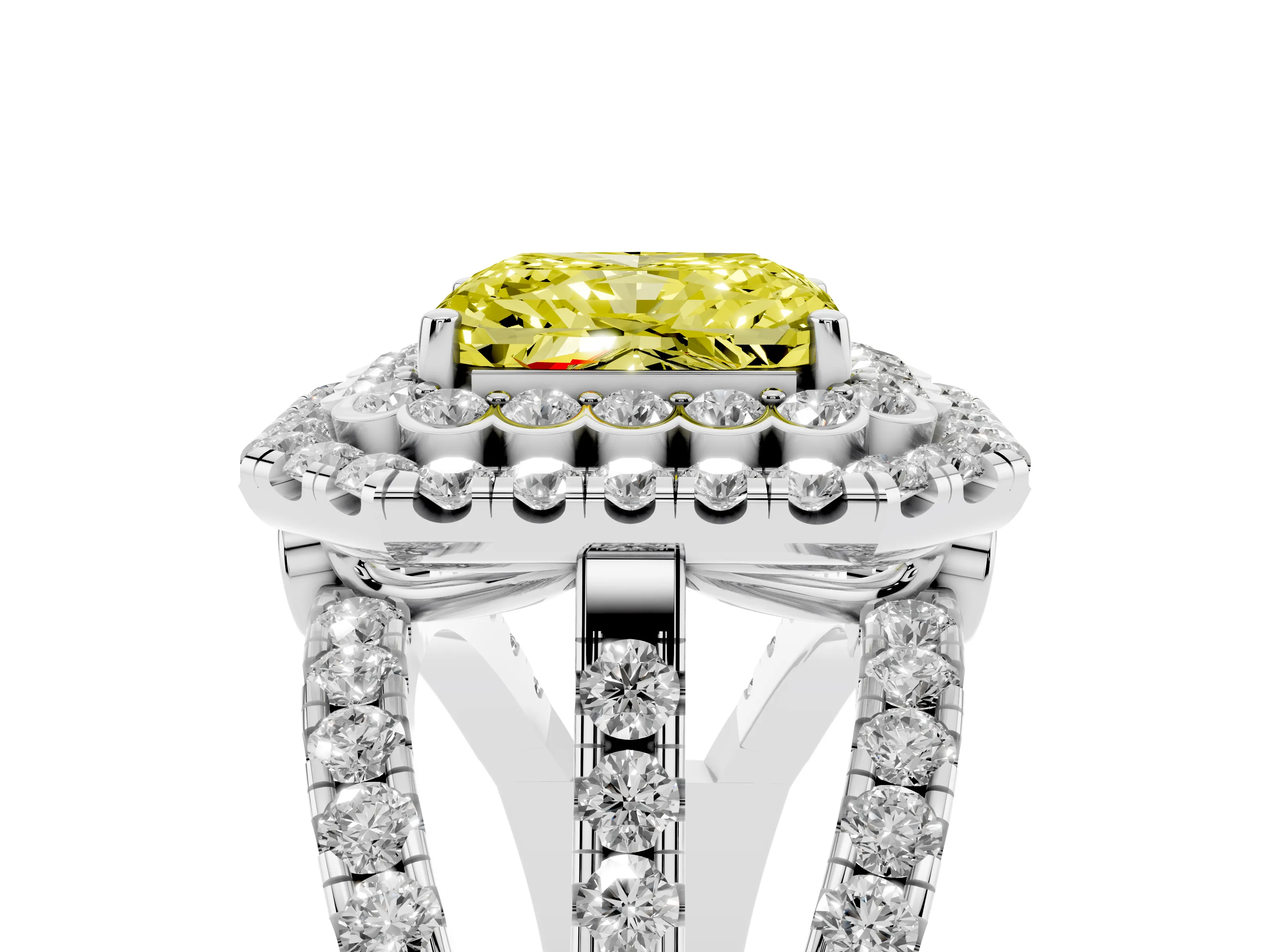 Fancy Yellow Radiant Cut Diamond Double Halo Ring Set in White gold with Round Pavé Split Shank