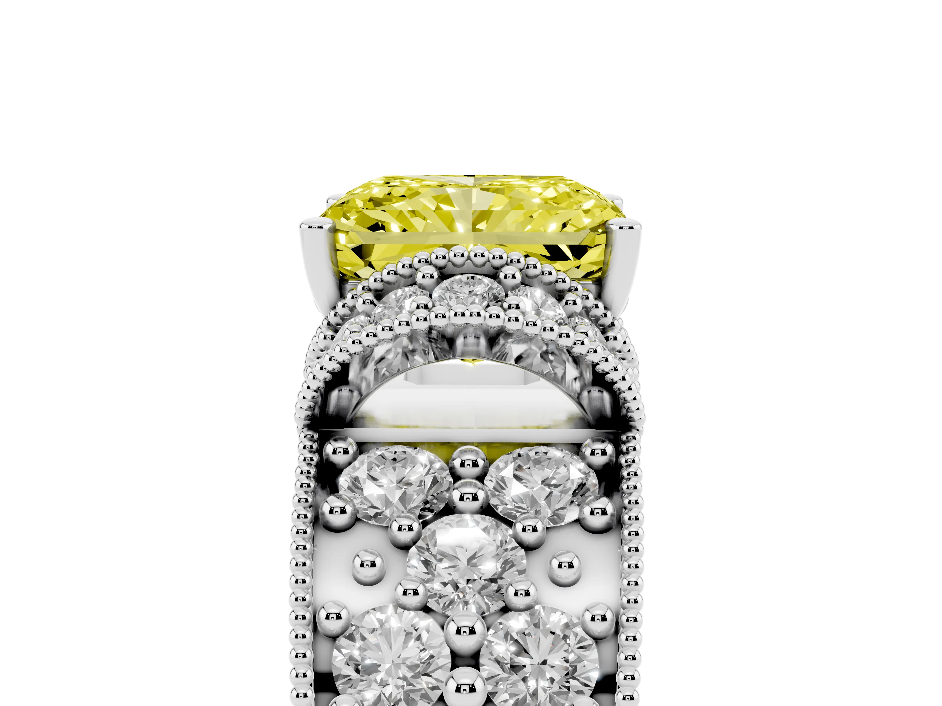 Fancy Yellow Radiant Cut Diamond Milgrain Halo Pavé Engagement Ring Set in White gold with Prong Setting