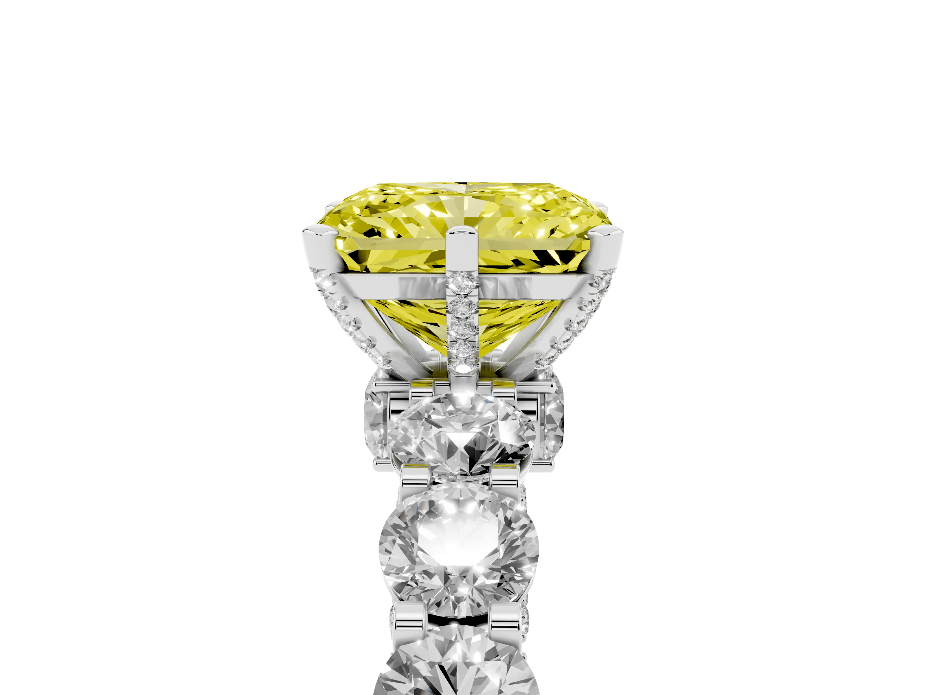 Fancy Yellow Radiant Cut Diamond Side Stone Ring Set in Platinum with Alternating Round and Oval Side Stones