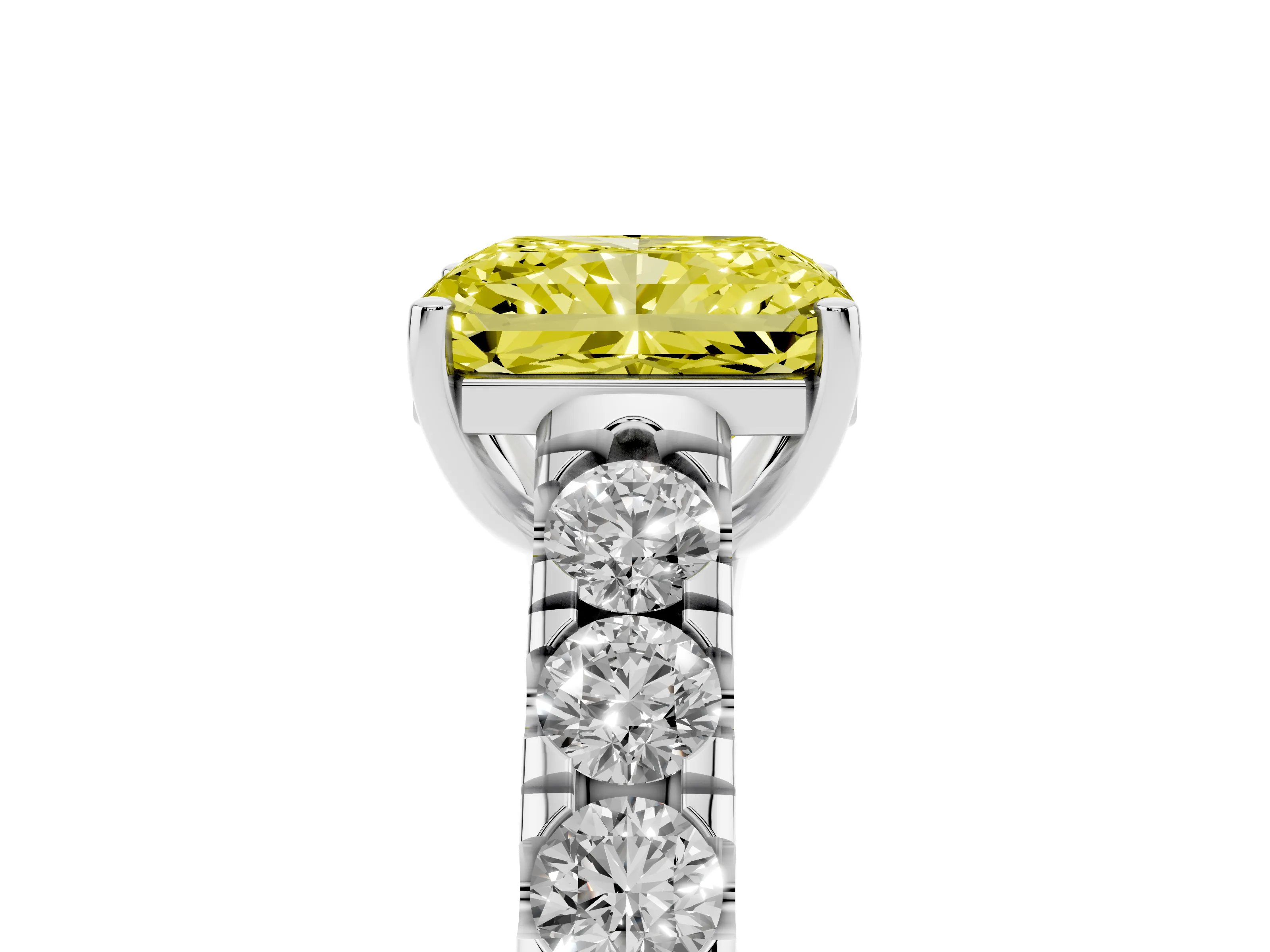 Fancy Yellow Radiant Cut Diamond Solitaire Ring Set in White gold with Cut-Down Micro Pavé Band and Prong Setting