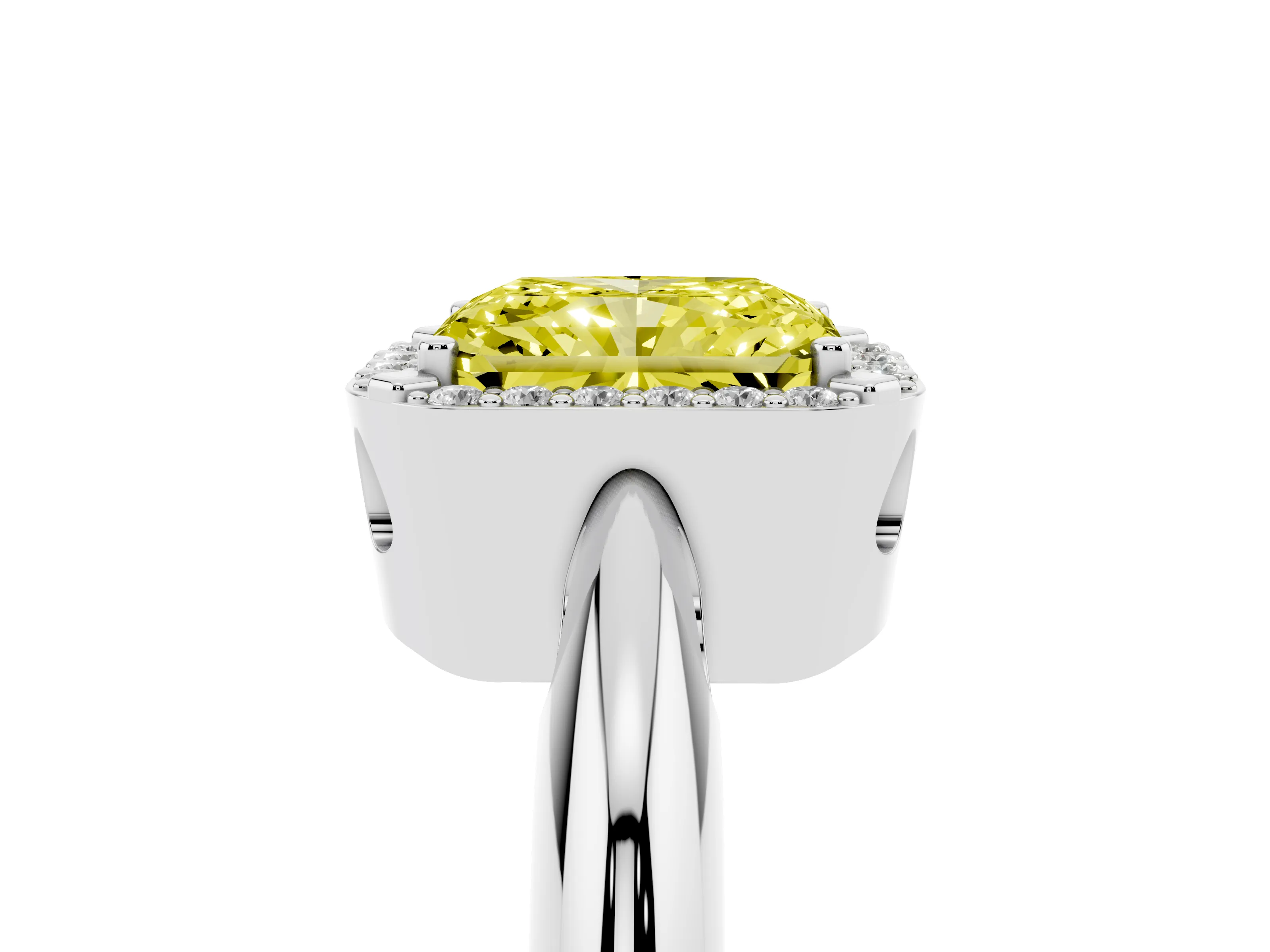 Fancy Yellow Radiant Cut Diamond Halo Engagement Ring Set in Platinum with Plain Split Shank and Prong Setting