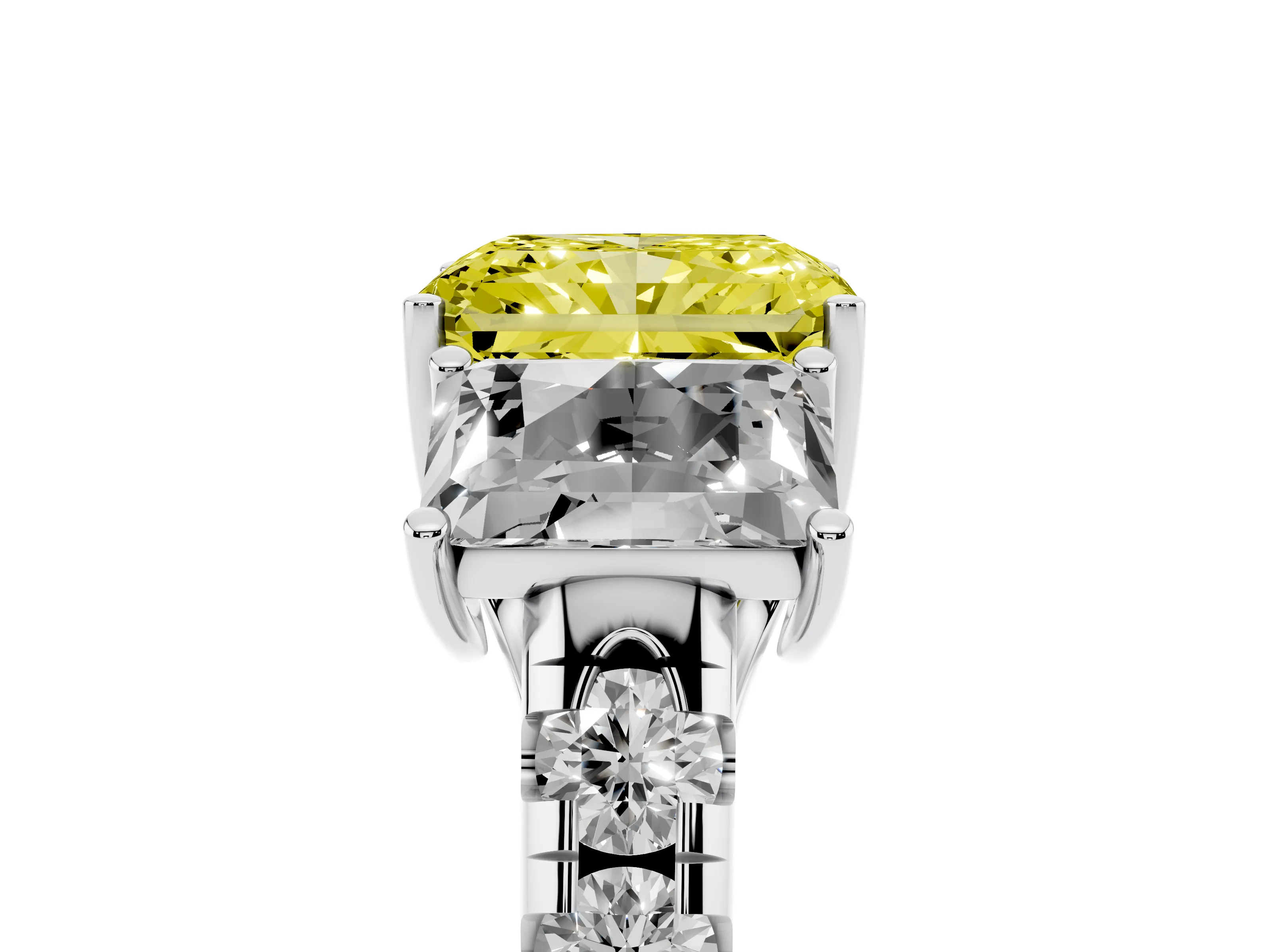 Fancy Yellow Radiant Cut Diamond Three-Stone Ring Set in Platinum with Pavé Band