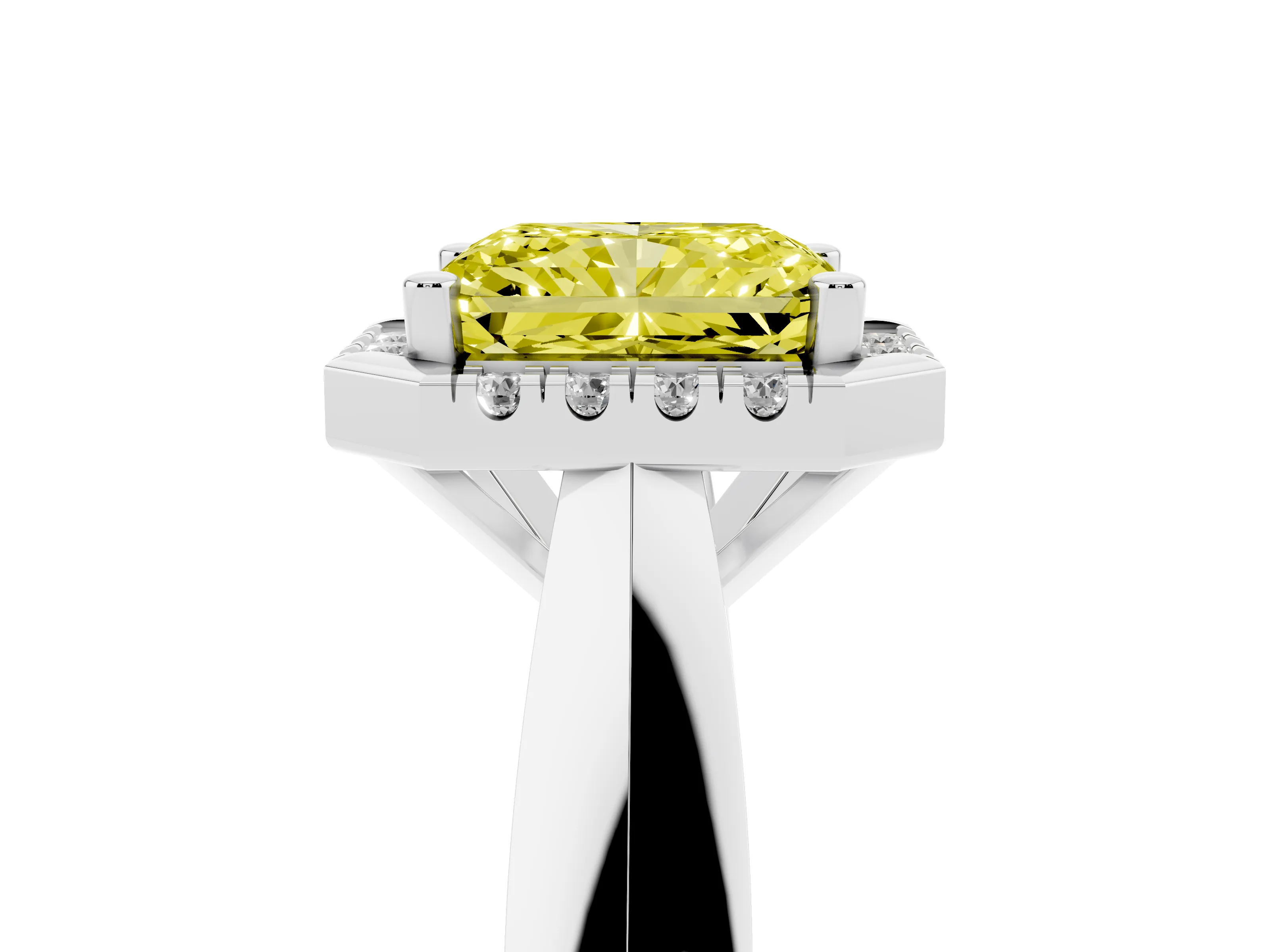 Fancy Yellow Radiant Cut Diamond Halo Solitaire Engagement Ring Set in Platinum with Square Band and Prong Setting