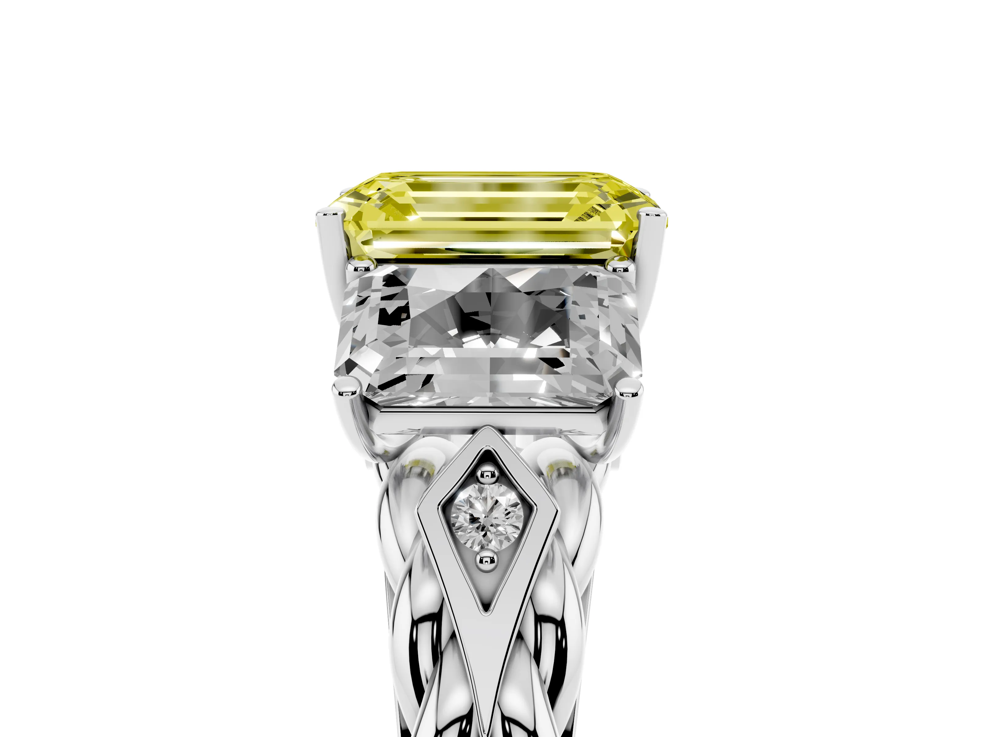 Fancy Yellow Radiant Cut Diamond Three-Stone Ring Set in Platinum with Braided Band